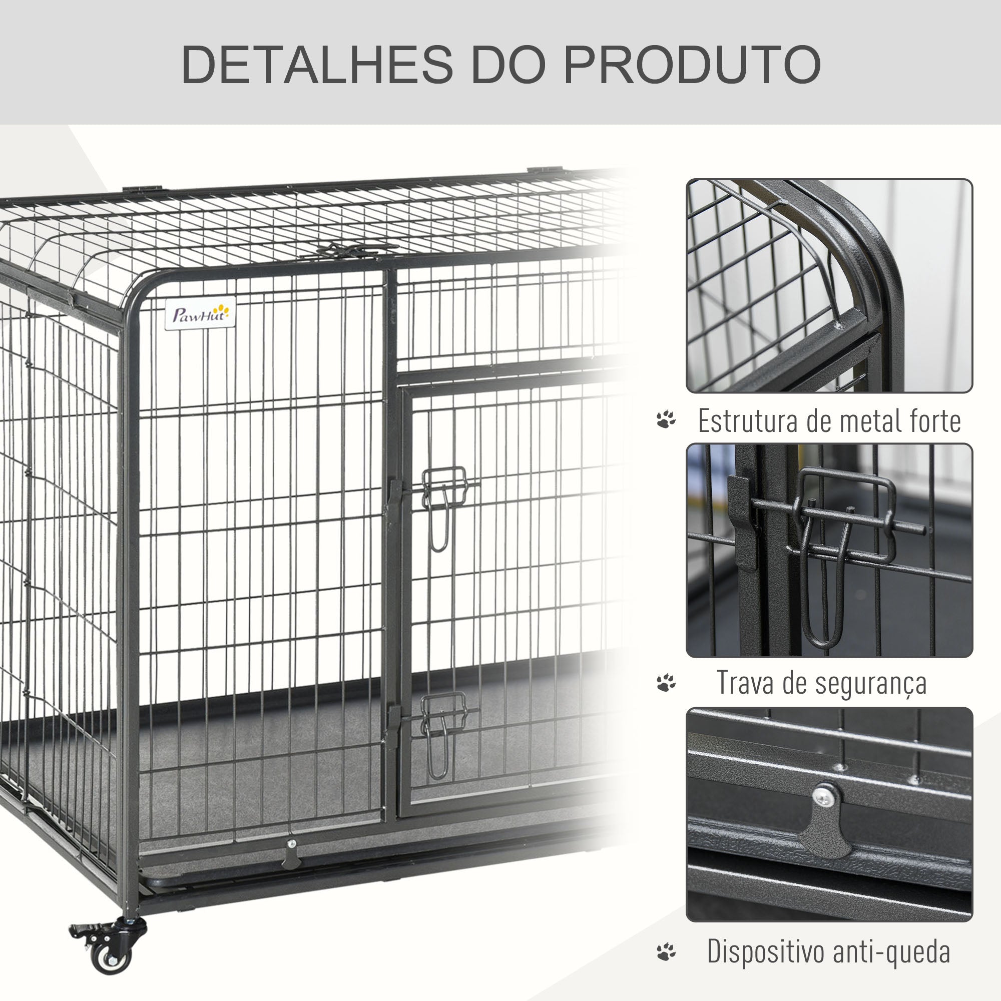 Gaiola Dobrável de Metal com Rodas e Freios 125x76x81 cm - Cinza Escuro