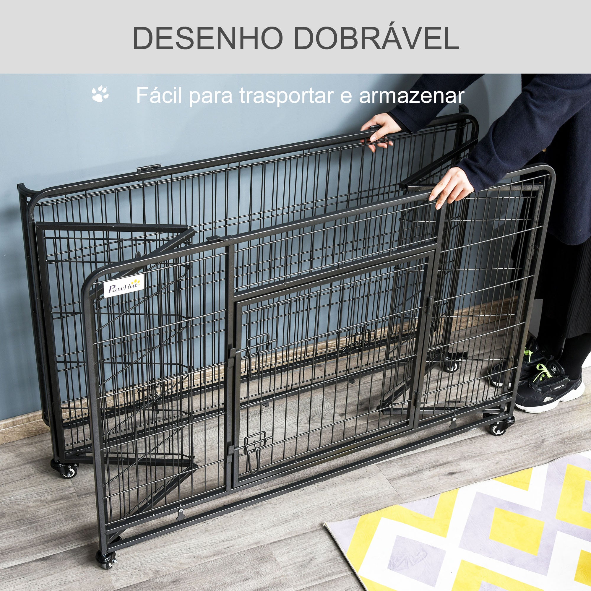 Gaiola Dobrável de Metal com Rodas e Freios 125x76x81 cm - Cinza Escuro