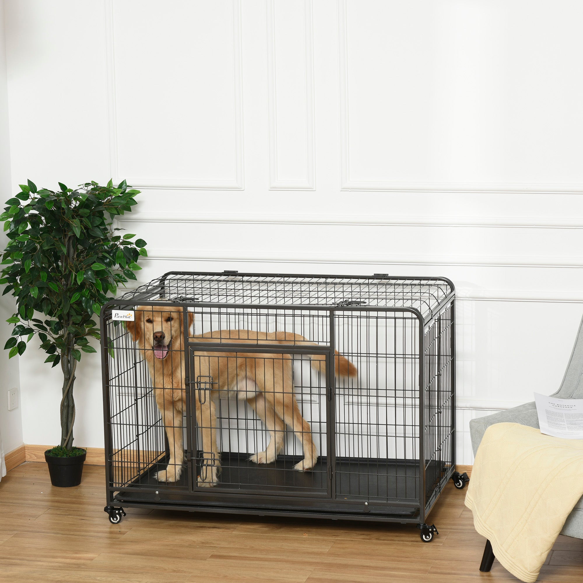 Gaiola Dobrável de Metal com Rodas e Freios 125x76x81 cm - Cinza Escuro