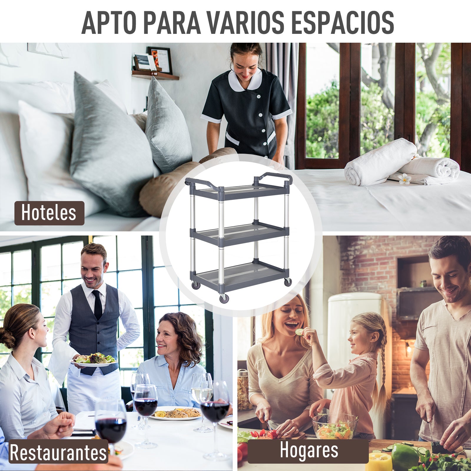Carrinho Auxiliar de Cozinha com 3 Prateleiras 88x44x93 cm Cinza