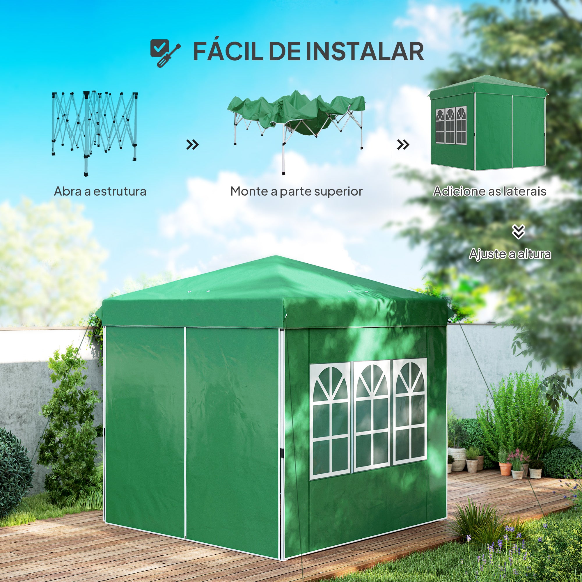 Tenda Dobrável Pop-Up – 248x248x270 cm – Verde – Metal e tecido Oxford UPF50+
