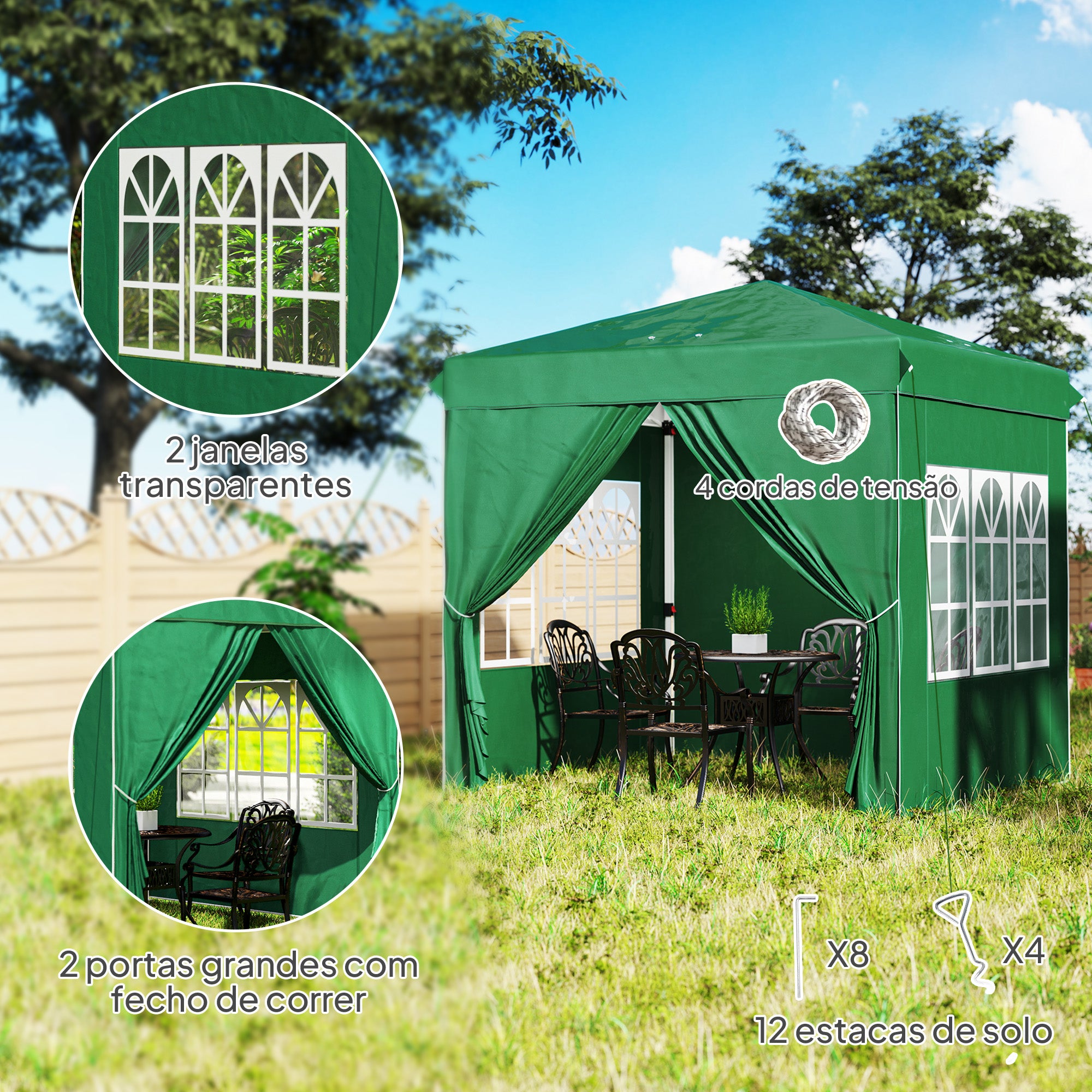 Tenda Dobrável Pop-Up – 248x248x270 cm – Verde – Metal e tecido Oxford UPF50+