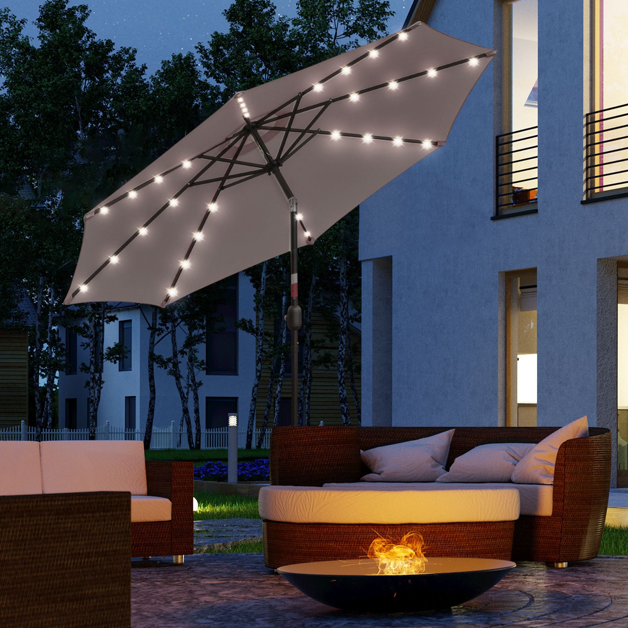 Chapéu de Sol Cinzento Ø265x233cm com 32 Luzes LED Solares