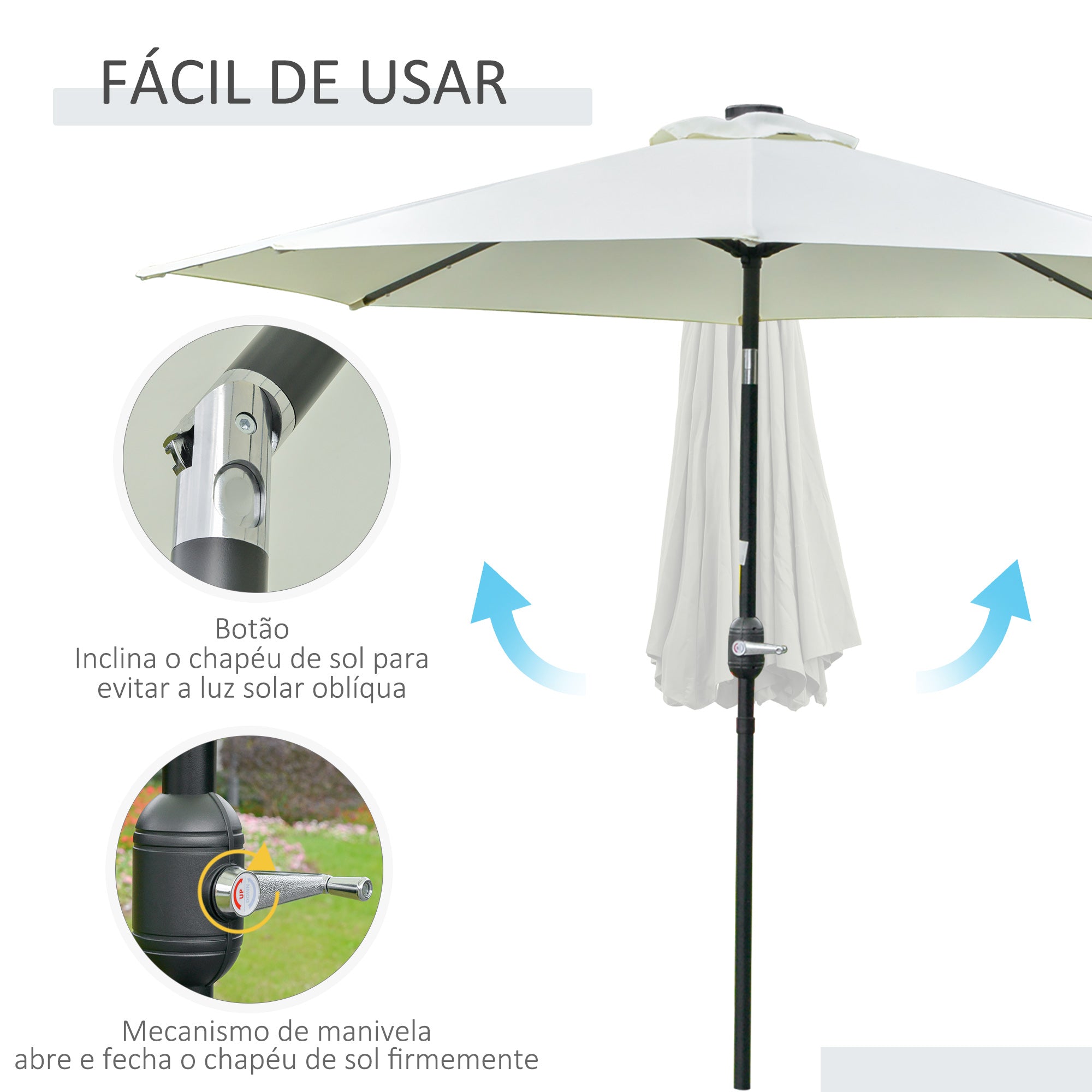 Chapéu de Sol Cinzento Ø265x233cm com 32 Luzes LED Solares