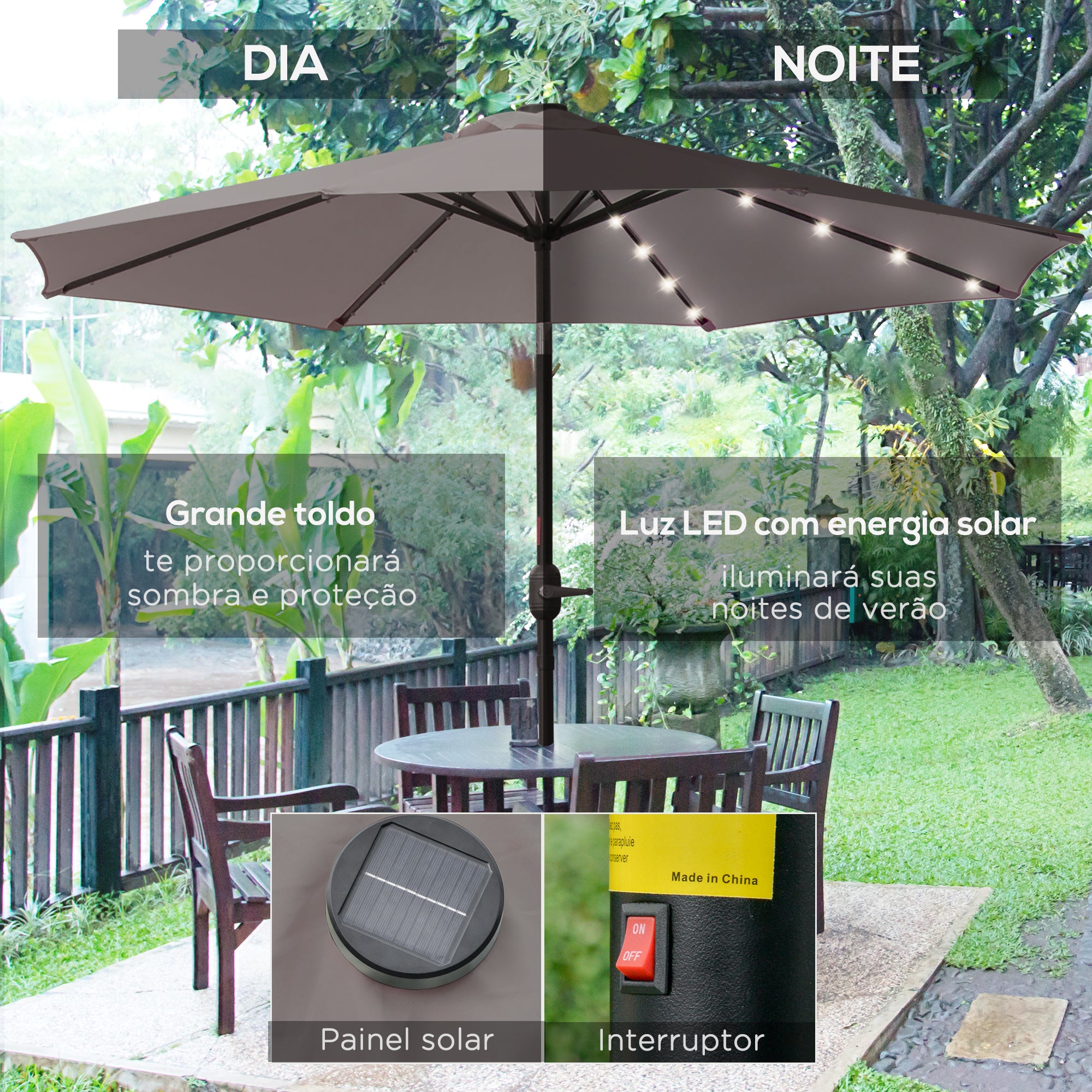 Chapéu de Sol Cinzento Ø265x233cm com 32 Luzes LED Solares