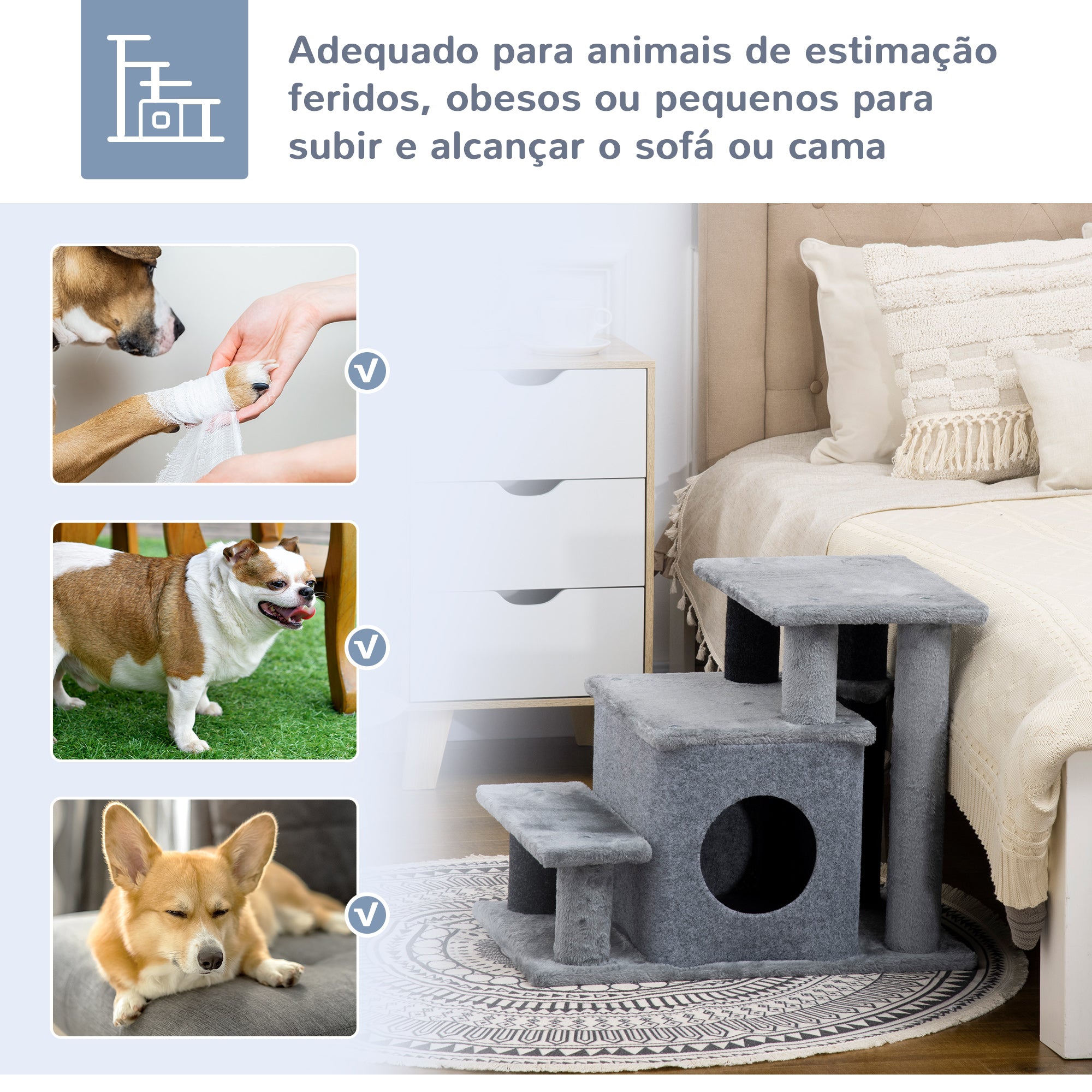 Escada para Gatos - 60x40x66 cm - Cinzento