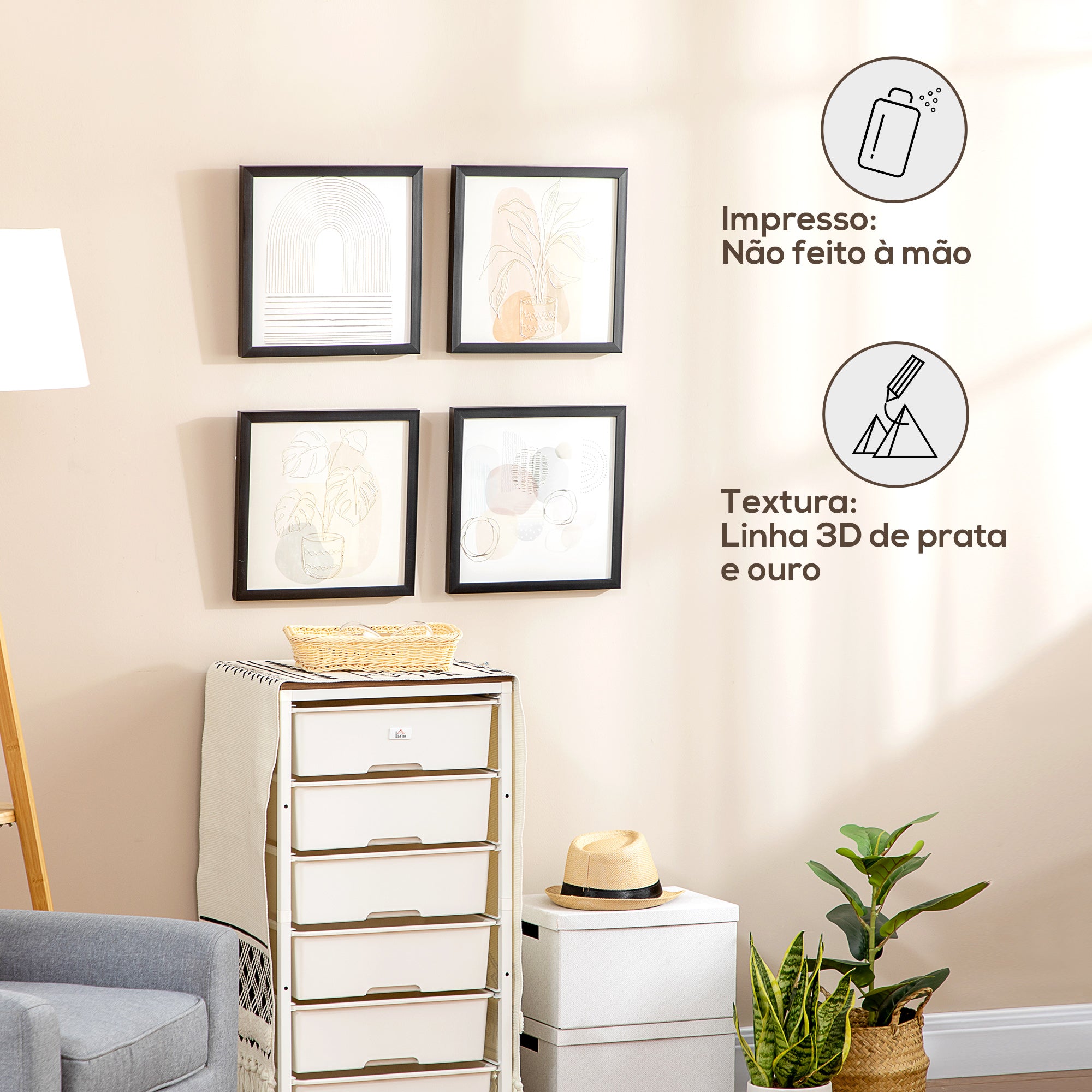 Conjunto de Quadros em Lona Abstrata Multicor 33x33cm - Decoração Elegante