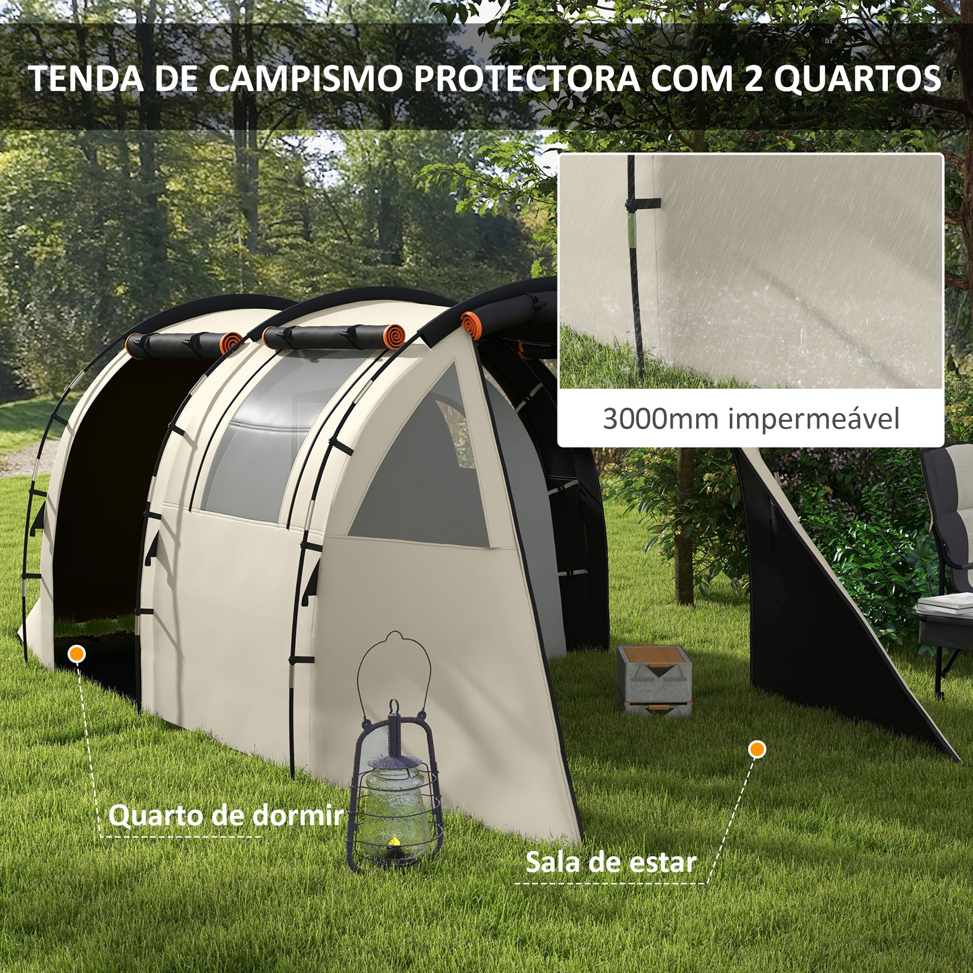 Tenda de Campismo Familiar para 2 Pessoas - 460x230x180 cm - Cor Caqui e Laranja