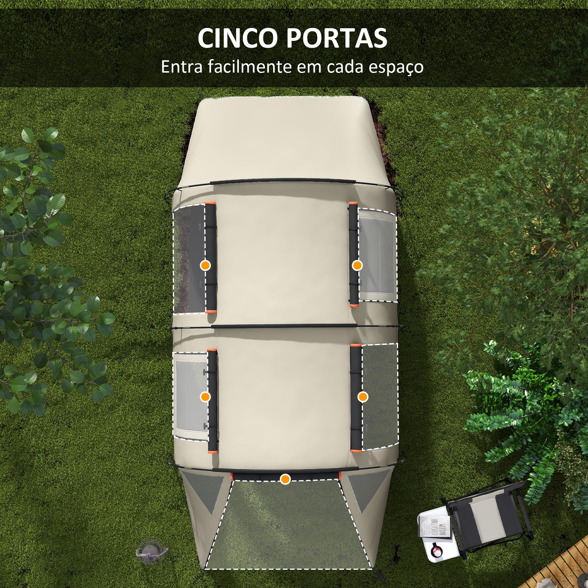 Tenda de Campismo Familiar para 2 Pessoas - 460x230x180 cm - Cor Caqui e Laranja