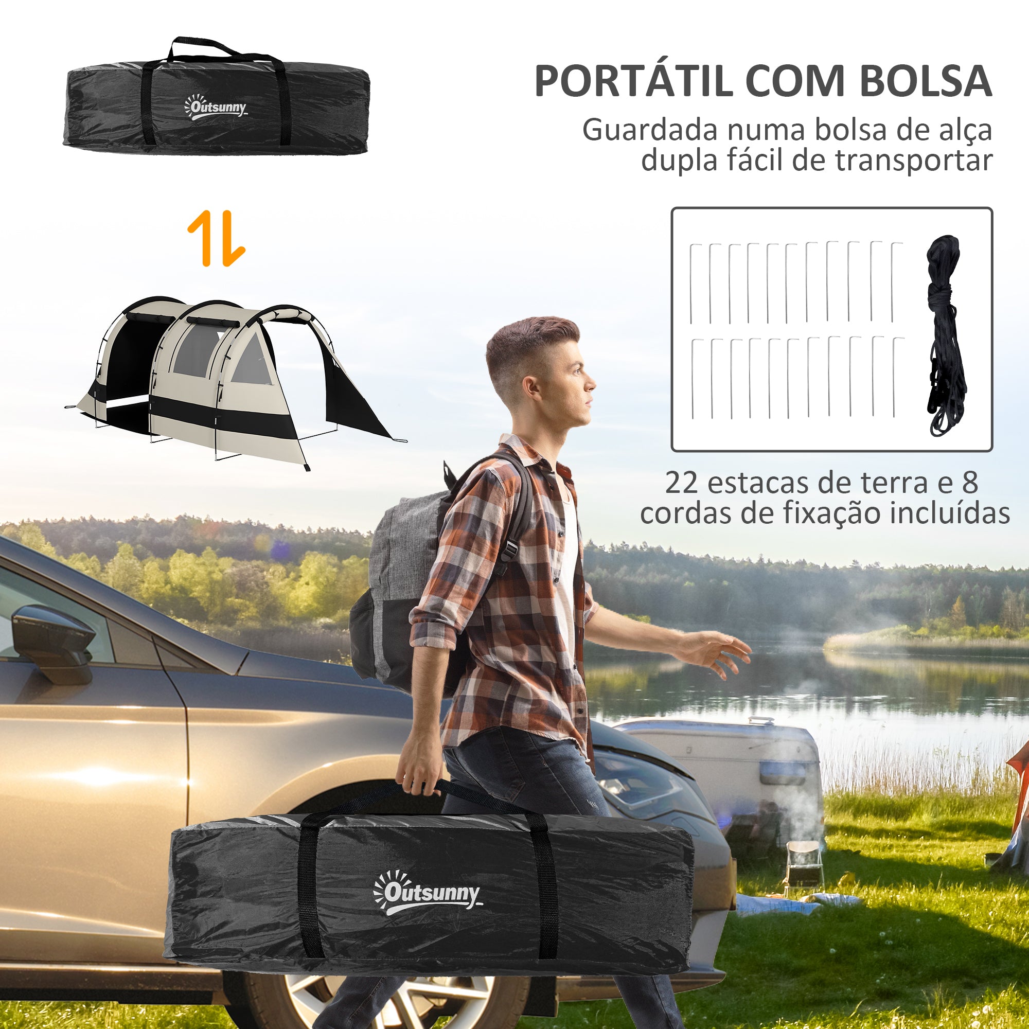 Tenda de Campismo Familiar para 2 Pessoas - 460x230x180 cm - Cor Caqui e Laranja