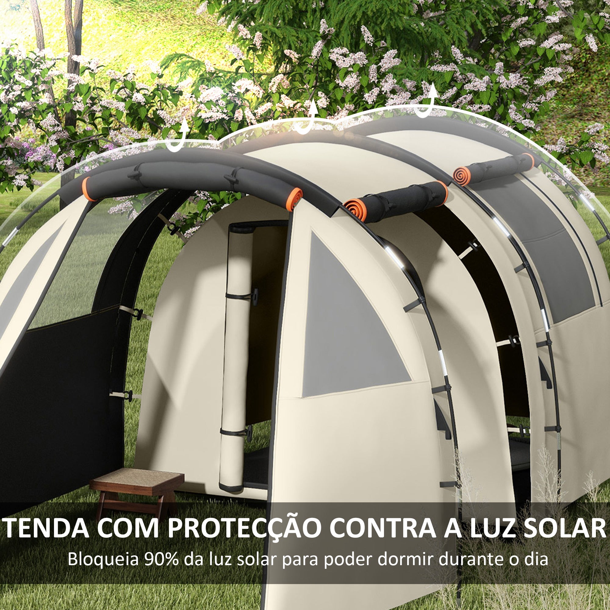 Tenda de Campismo Familiar para 2 Pessoas - 460x230x180 cm - Cor Caqui e Laranja