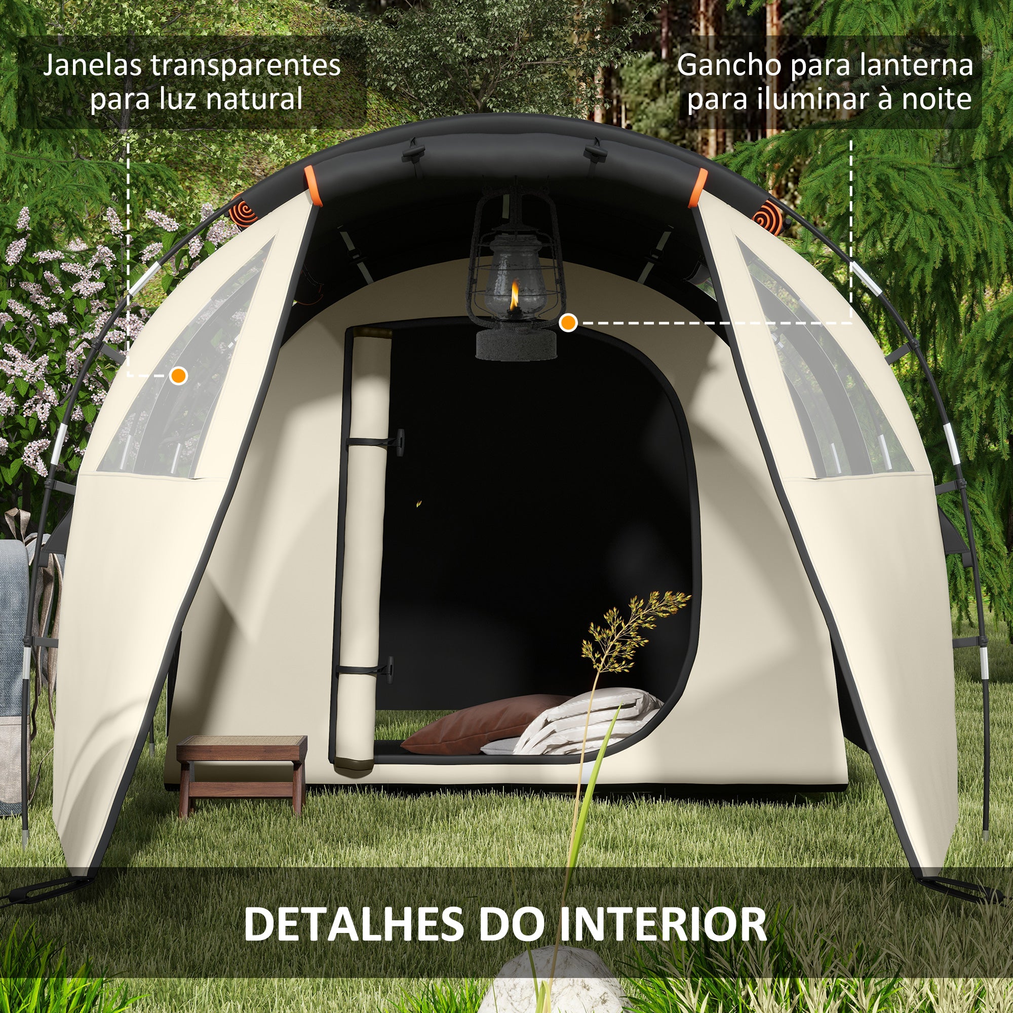 Tenda de Campismo Familiar para 2 Pessoas - 460x230x180 cm - Cor Caqui e Laranja
