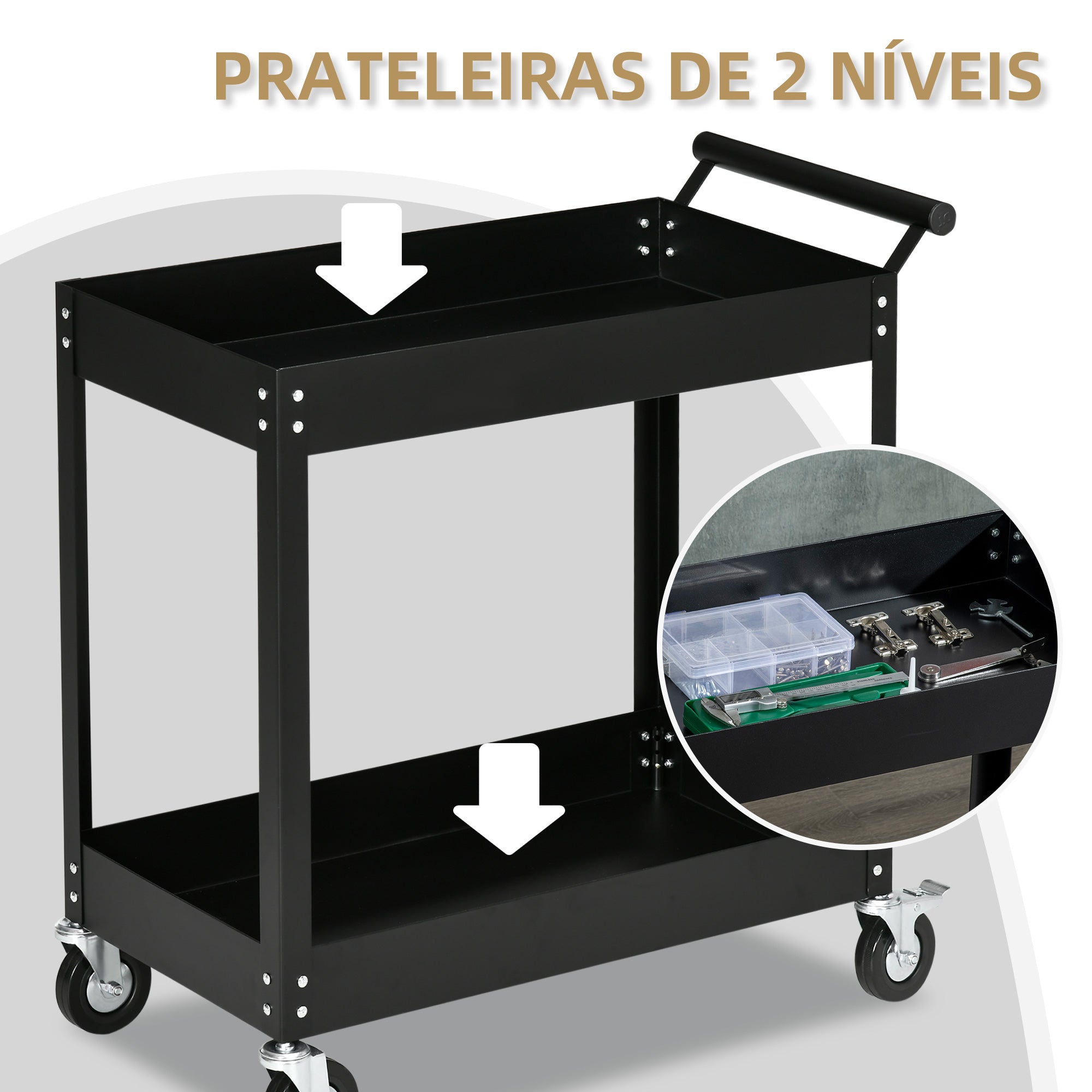 Carrinho de Ferramentas 2 Níveis – 84,5x38x84 cm – Preto – Aço