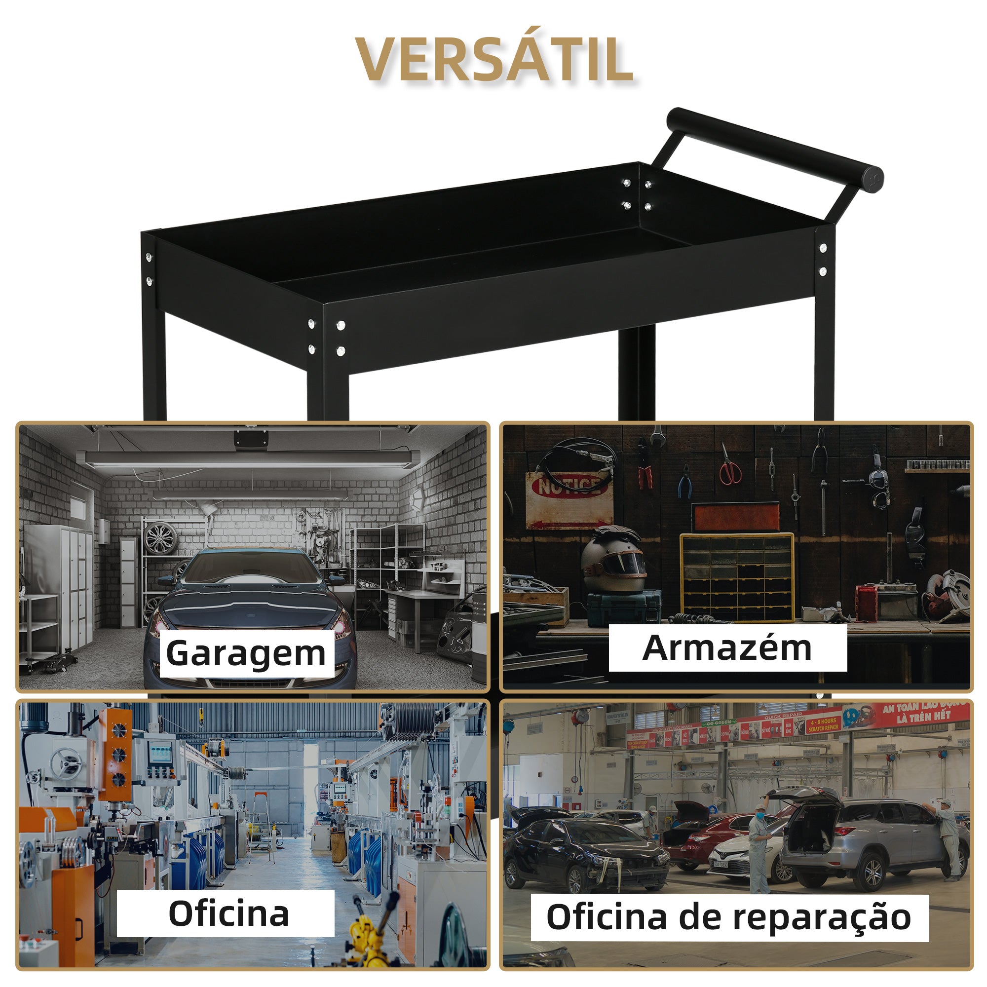 Carrinho de Ferramentas 2 Níveis – 84,5x38x84 cm – Preto – Aço