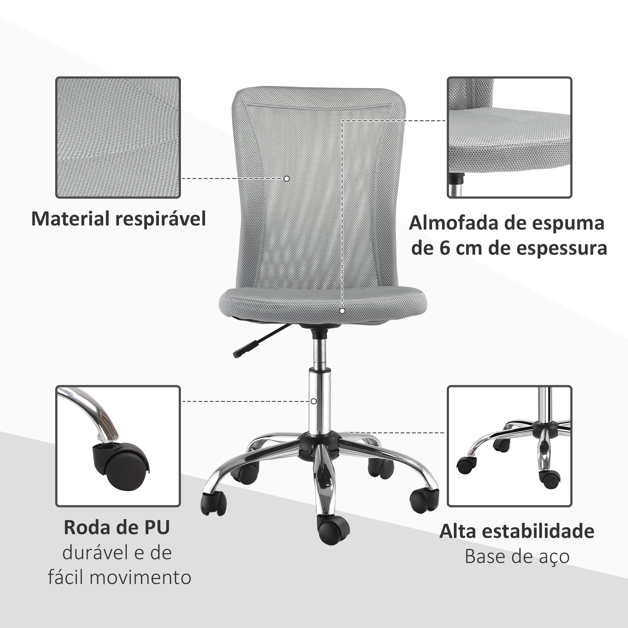Cadeira de Escritório Giratória – 43x58x90-100 cm – Cinza – Aço, Malha, Espuma e Nylon