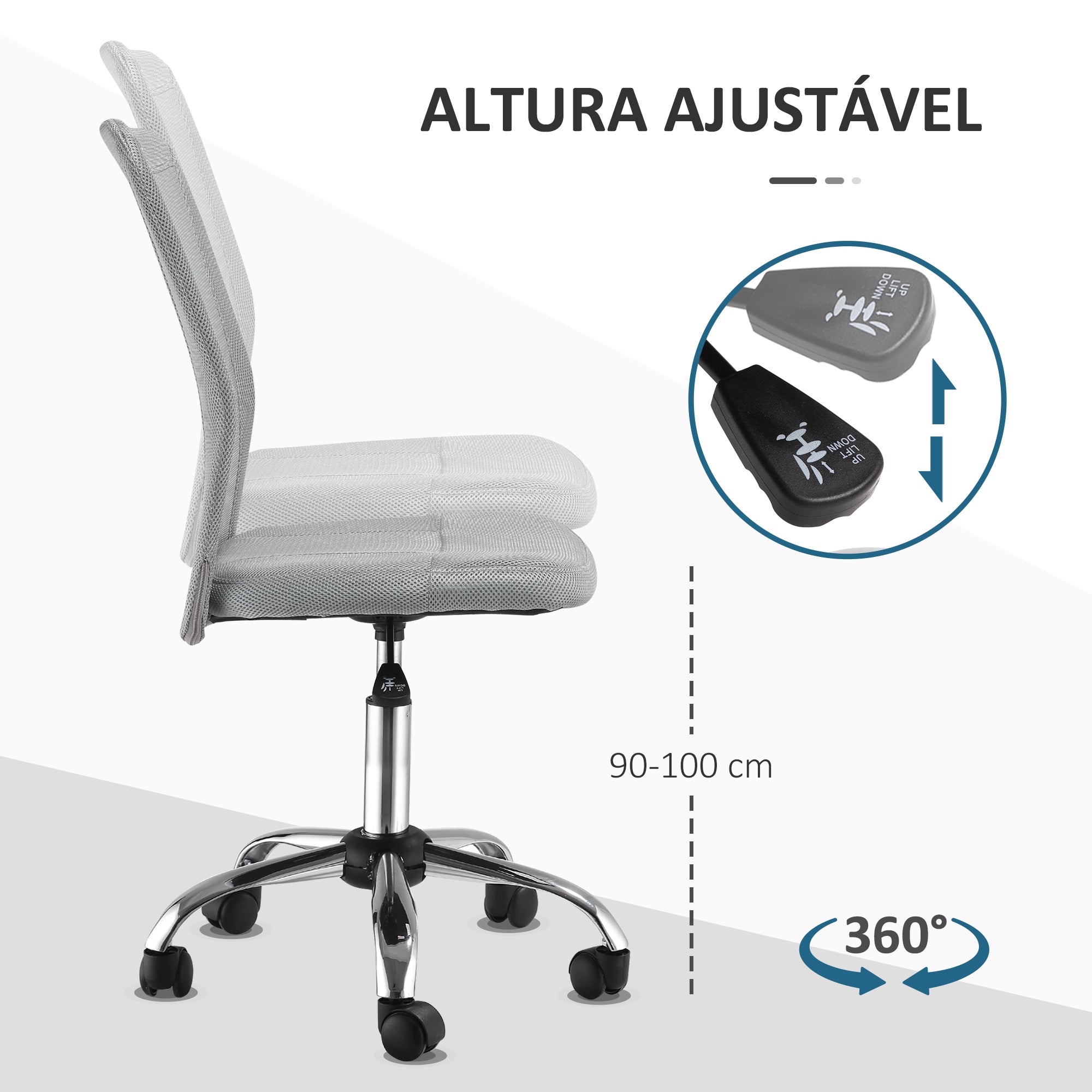 Cadeira de Escritório Giratória – 43x58x90-100 cm – Cinza – Aço, Malha, Espuma e Nylon