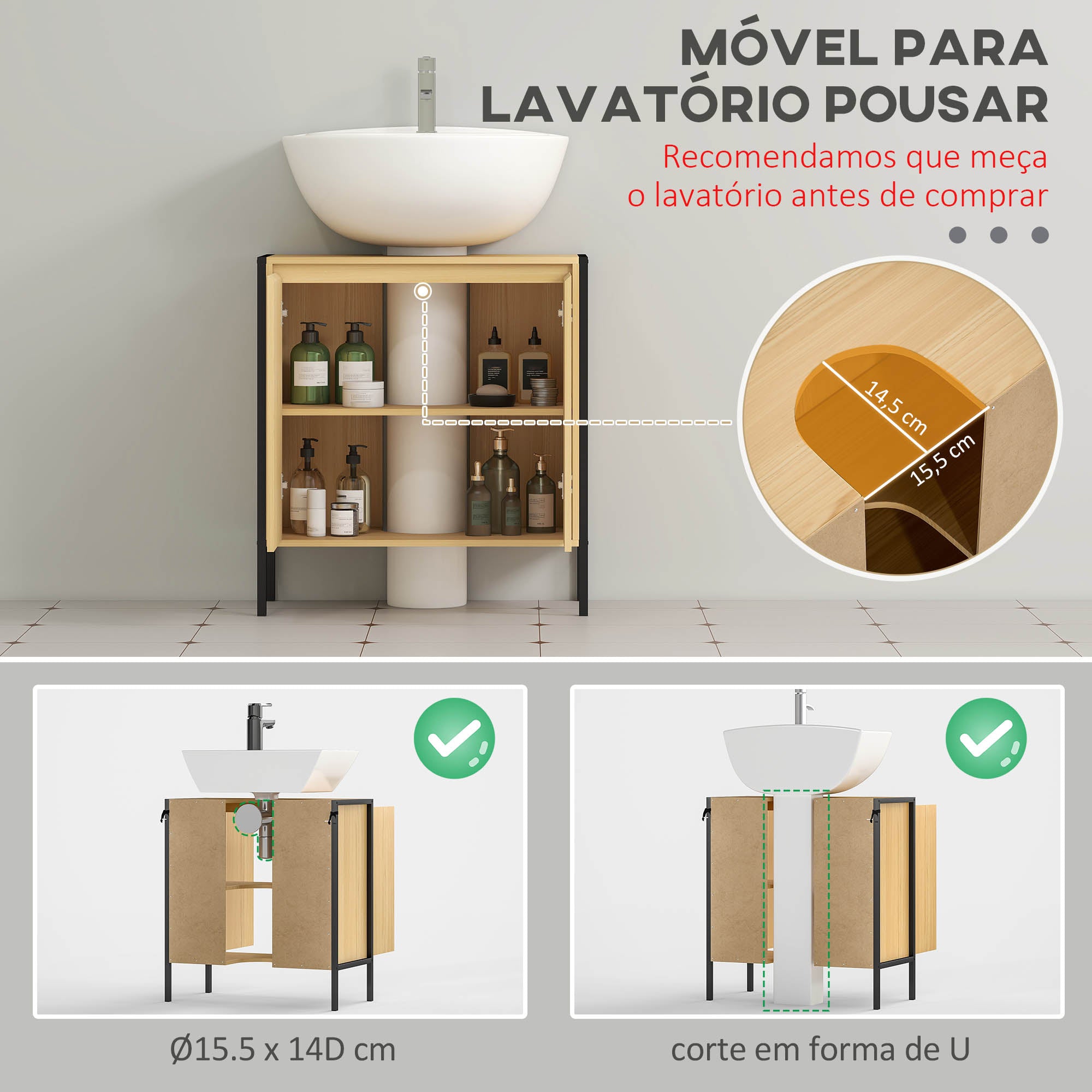 Móvel para Lavatório de Madeira – 60x30x62.5cm – Cor Madeira e Preto – Melamina e Metal