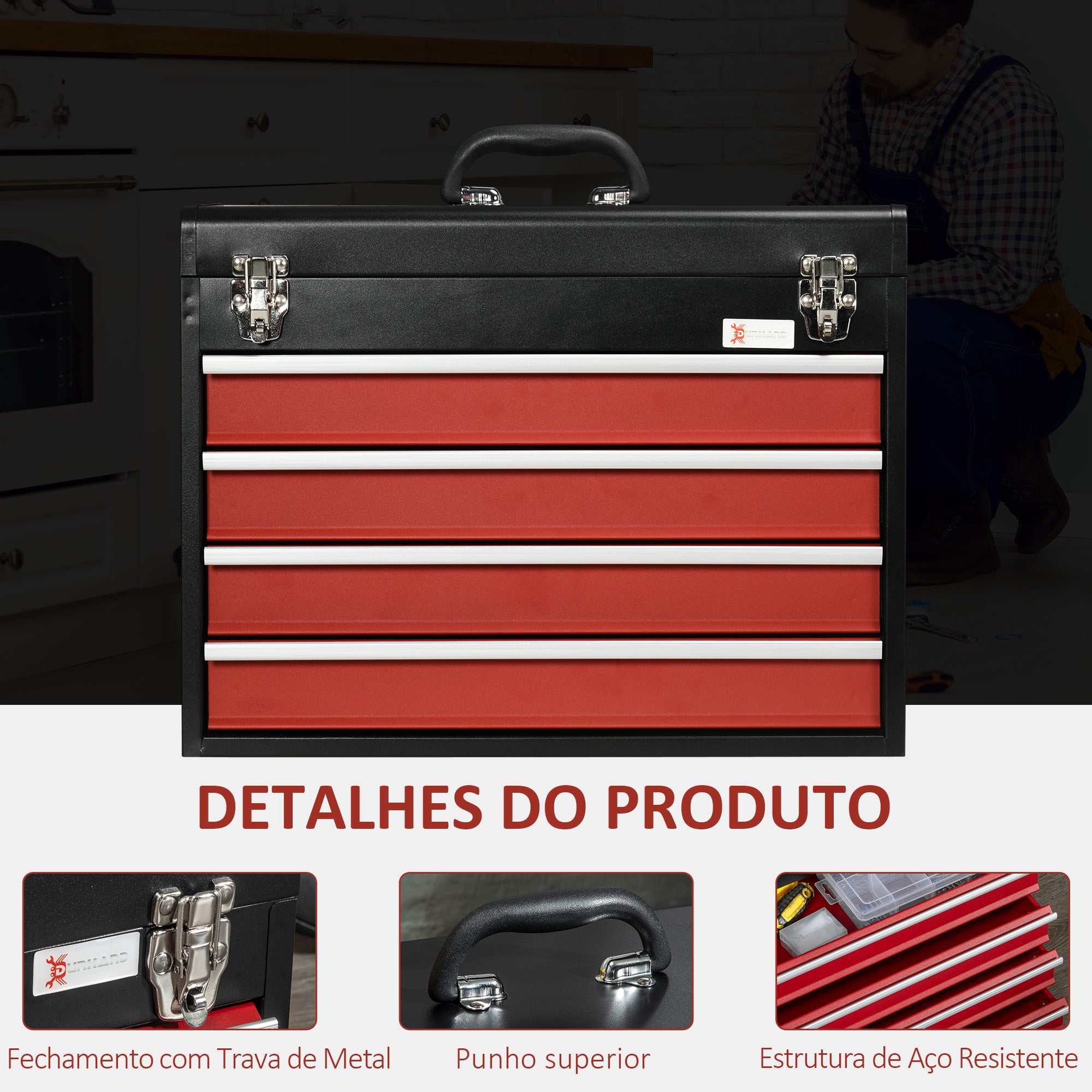 Caixa de Ferramentas de Aço com 4 Gavetas 51x22x39,5 - Preto e Vermelho