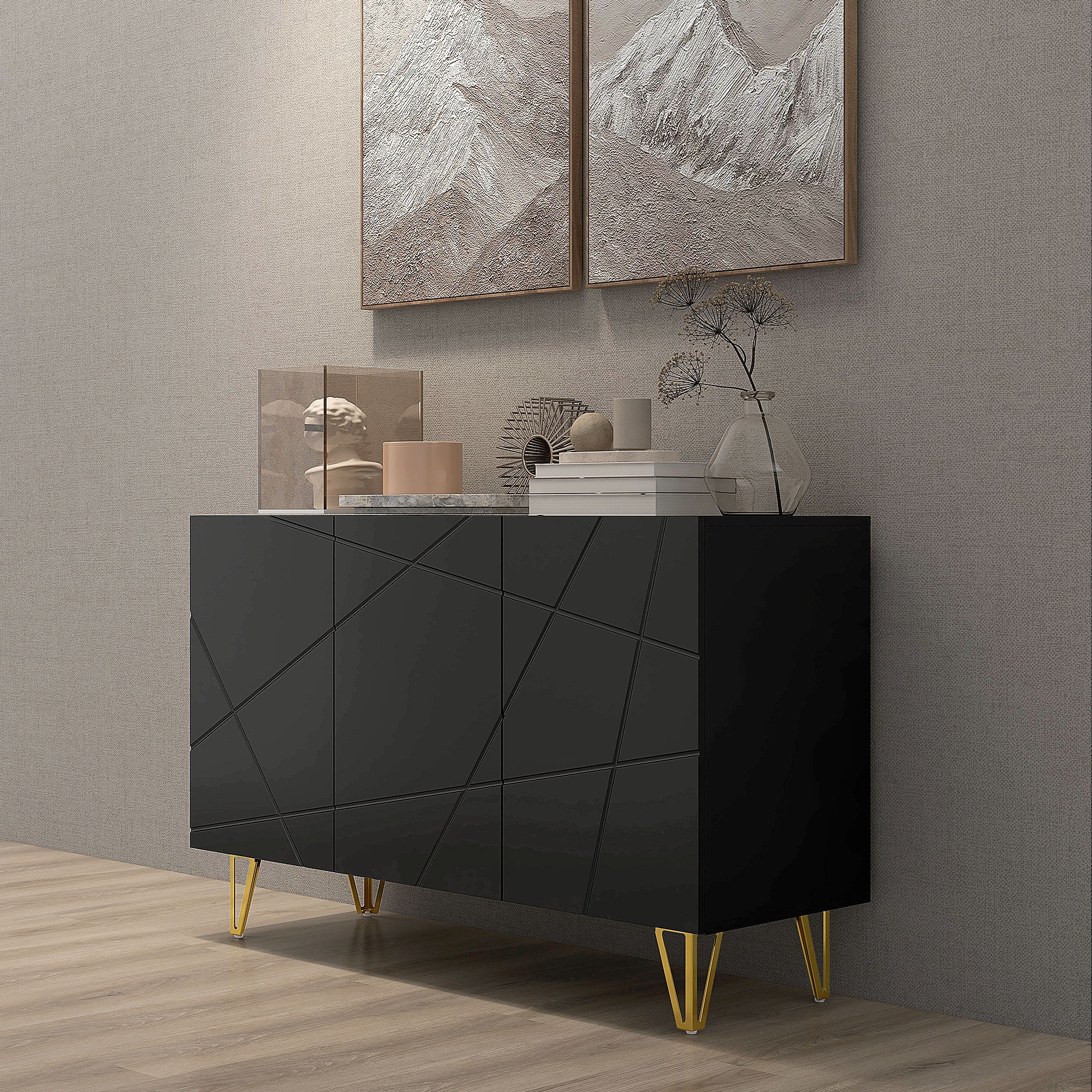 Aparador de Sala – 120x40x75 cm – Preto Brilhante – Melamina de Madeira e Metal