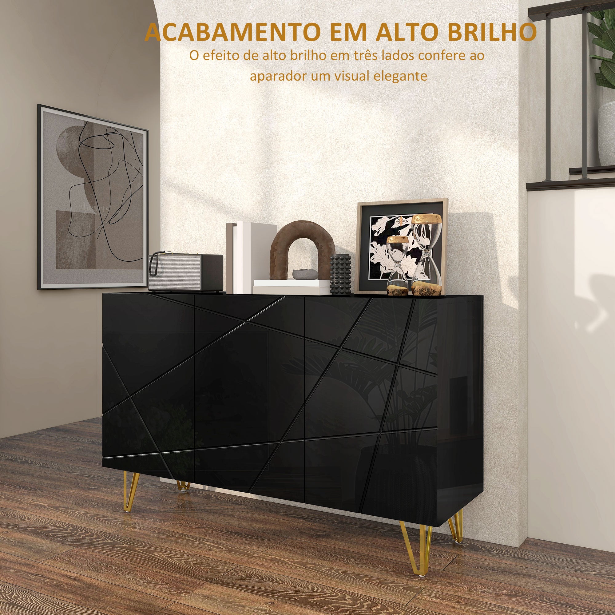 Aparador de Sala – 120x40x75 cm – Preto Brilhante – Melamina de Madeira e Metal