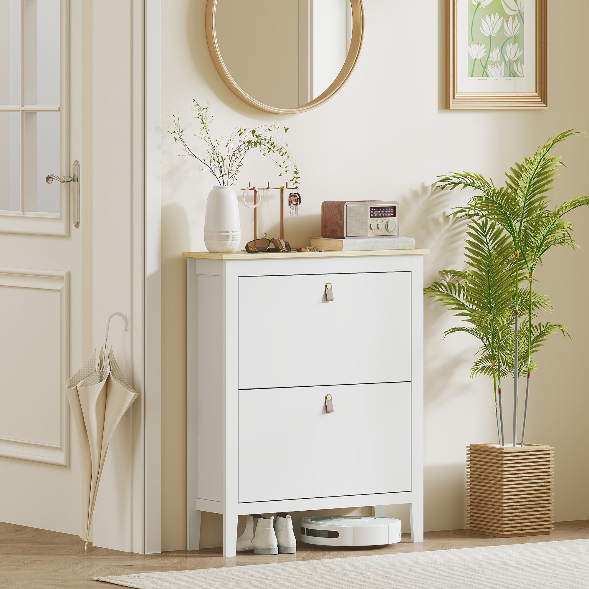 Sapateira Estreita com 2 Gavetas Abatíveis para 14 Pares de Sapatos - 80x24x95,5 cm - Branco