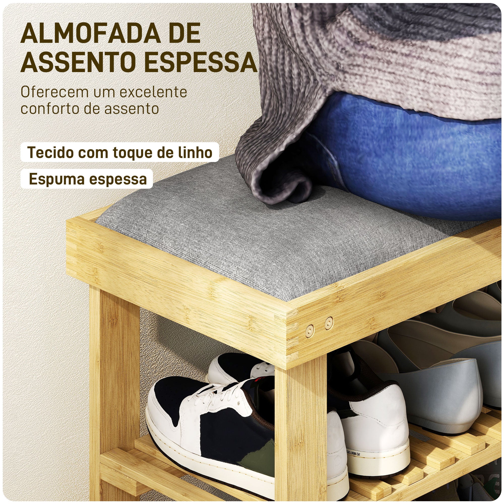 Banco Sapateira de Bambu com Assento Almofadado 60x29x49 cm - Cinzento e Madeira