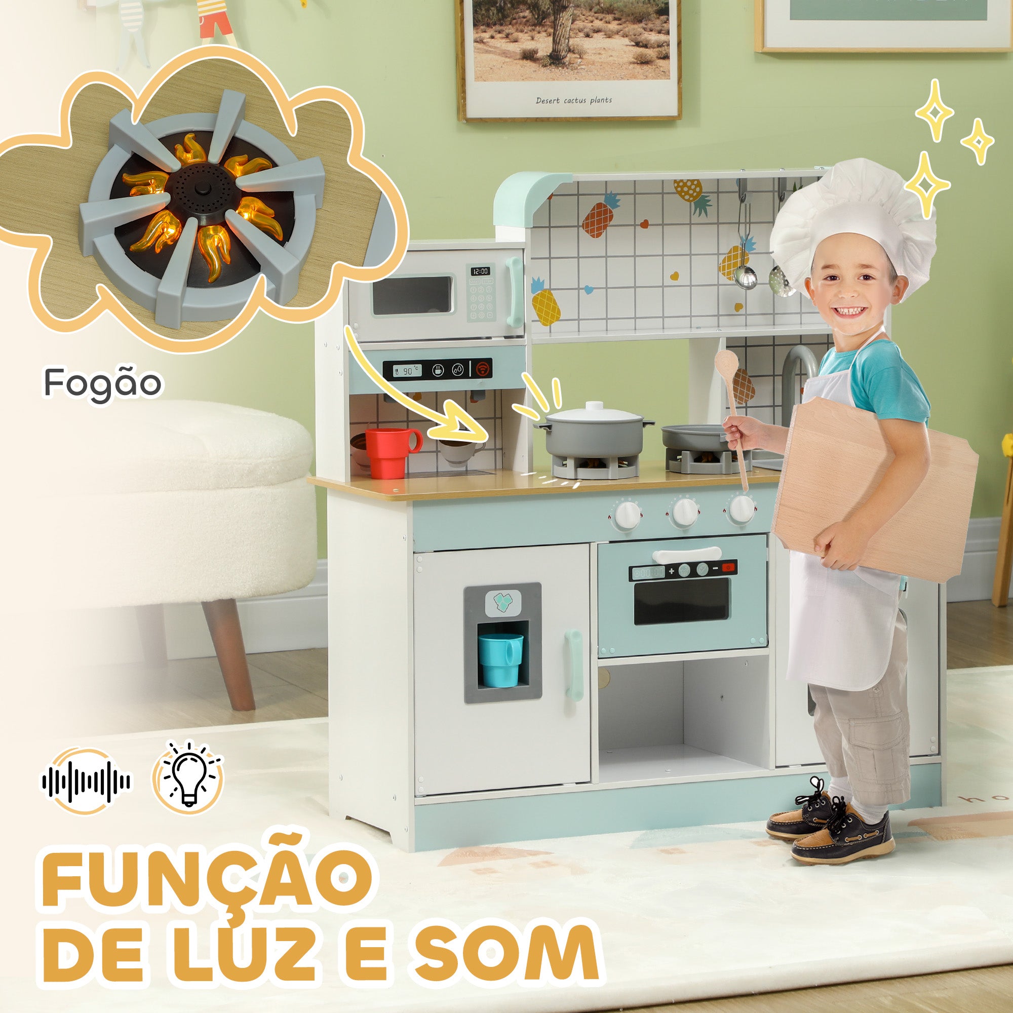 Cozinha de Madeira para Crianças – 88,6x31,7x90,4 cm – Branco e Azul – MDF