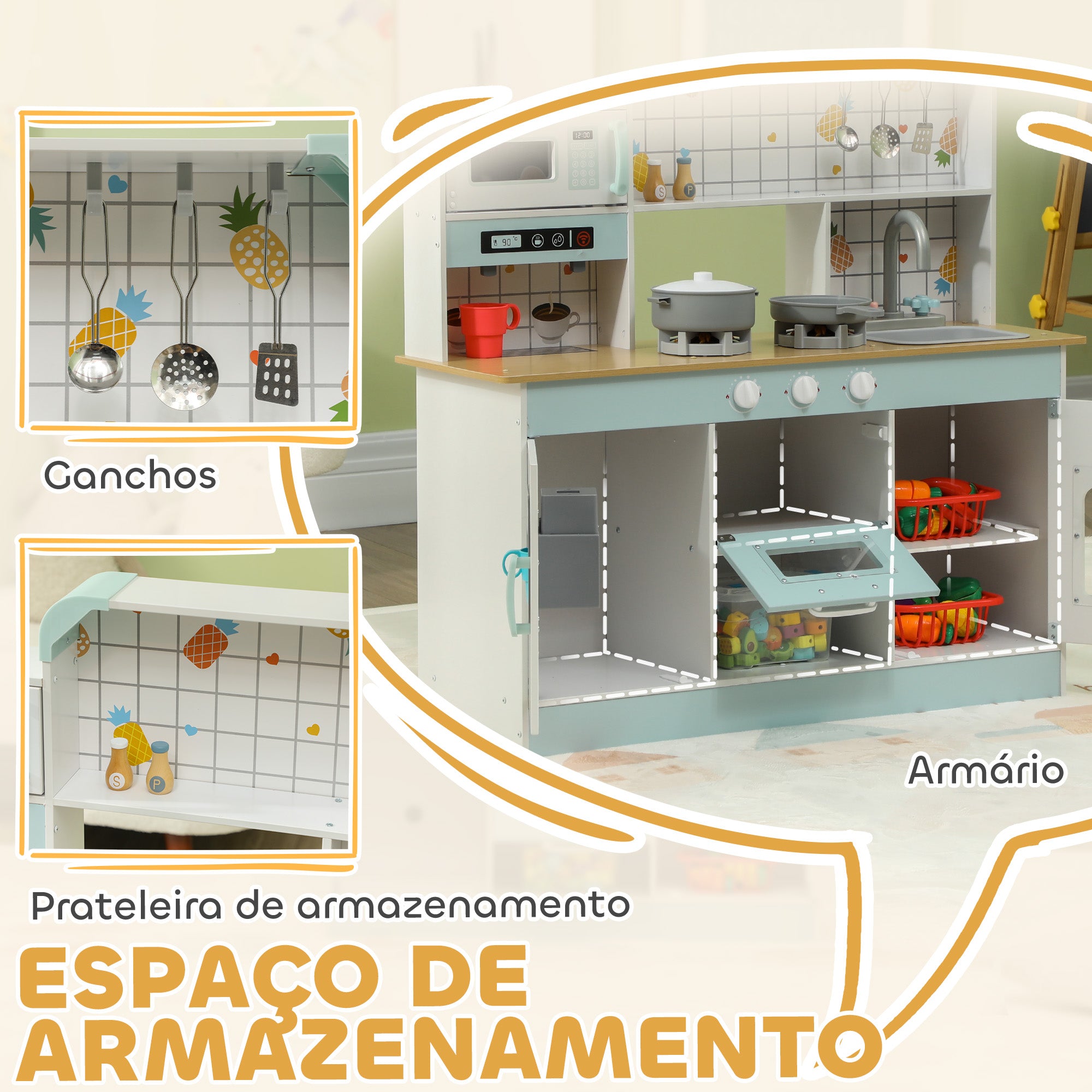 Cozinha de Madeira para Crianças – 88,6x31,7x90,4 cm – Branco e Azul – MDF
