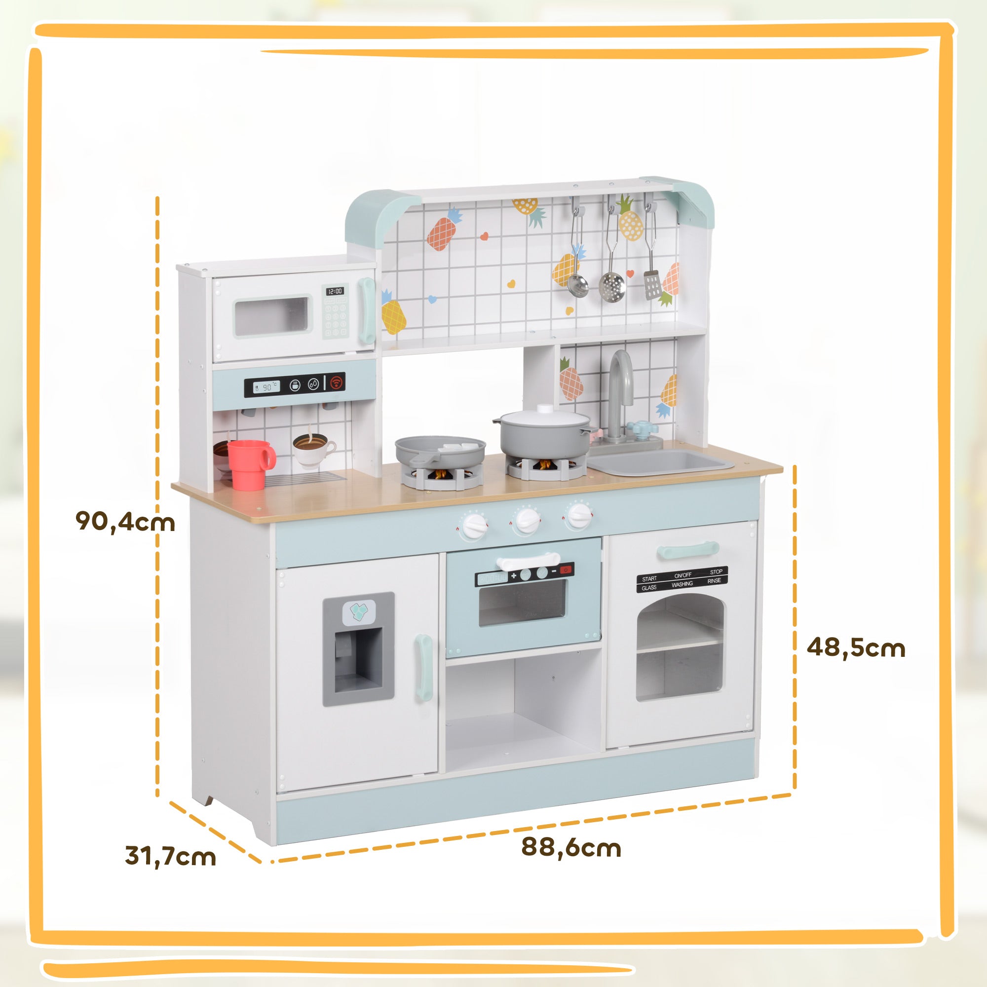 Cozinha de Madeira para Crianças – 88,6x31,7x90,4 cm – Branco e Azul – MDF