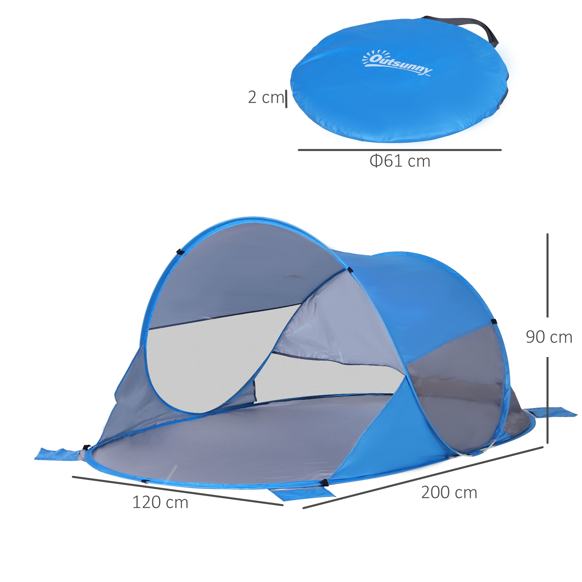 Tenda de Praia Dobrável Pop-Up – 200x120x90 cm – Azul – Tecido de poliéster