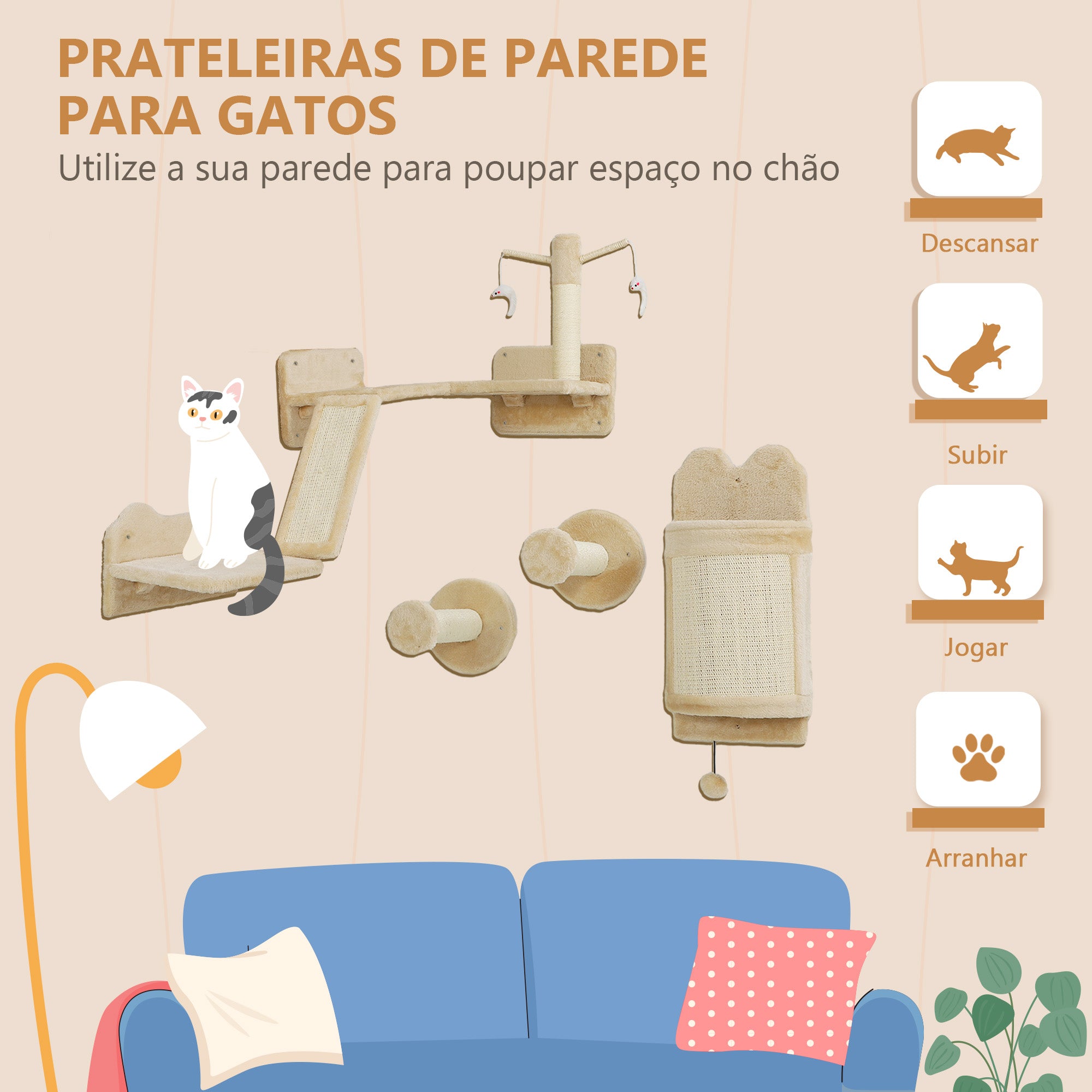 Conjunto de Prateleiras de Parede para Gatos – 110x56x73 cm – Bege – Aglomerado de madeira