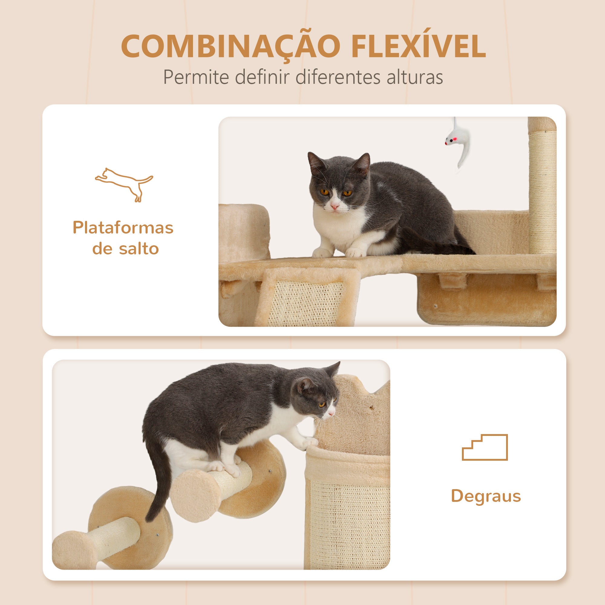 Conjunto de Prateleiras de Parede para Gatos – 110x56x73 cm – Bege – Aglomerado de madeira