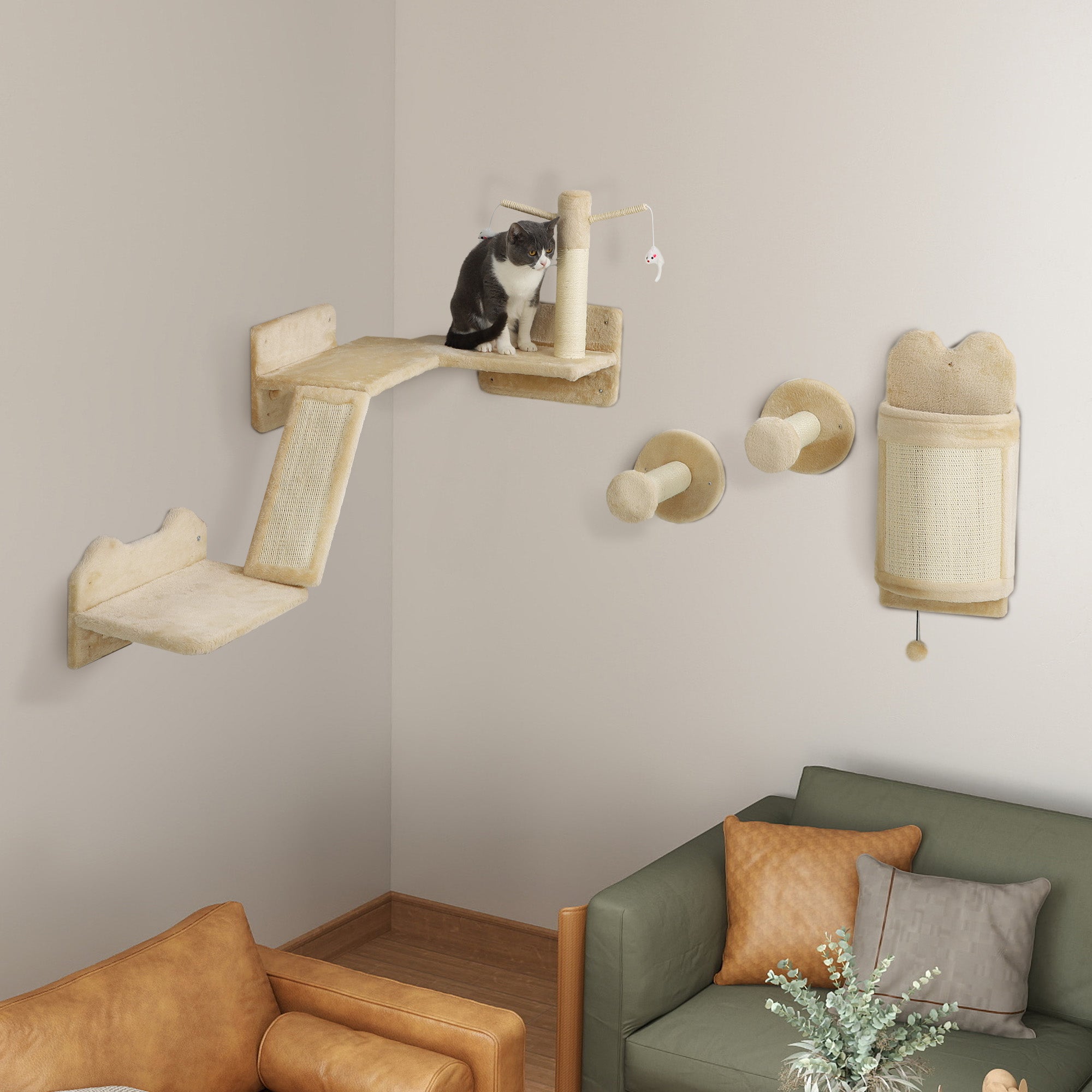 Conjunto de Prateleiras de Parede para Gatos – 110x56x73 cm – Bege – Aglomerado de madeira