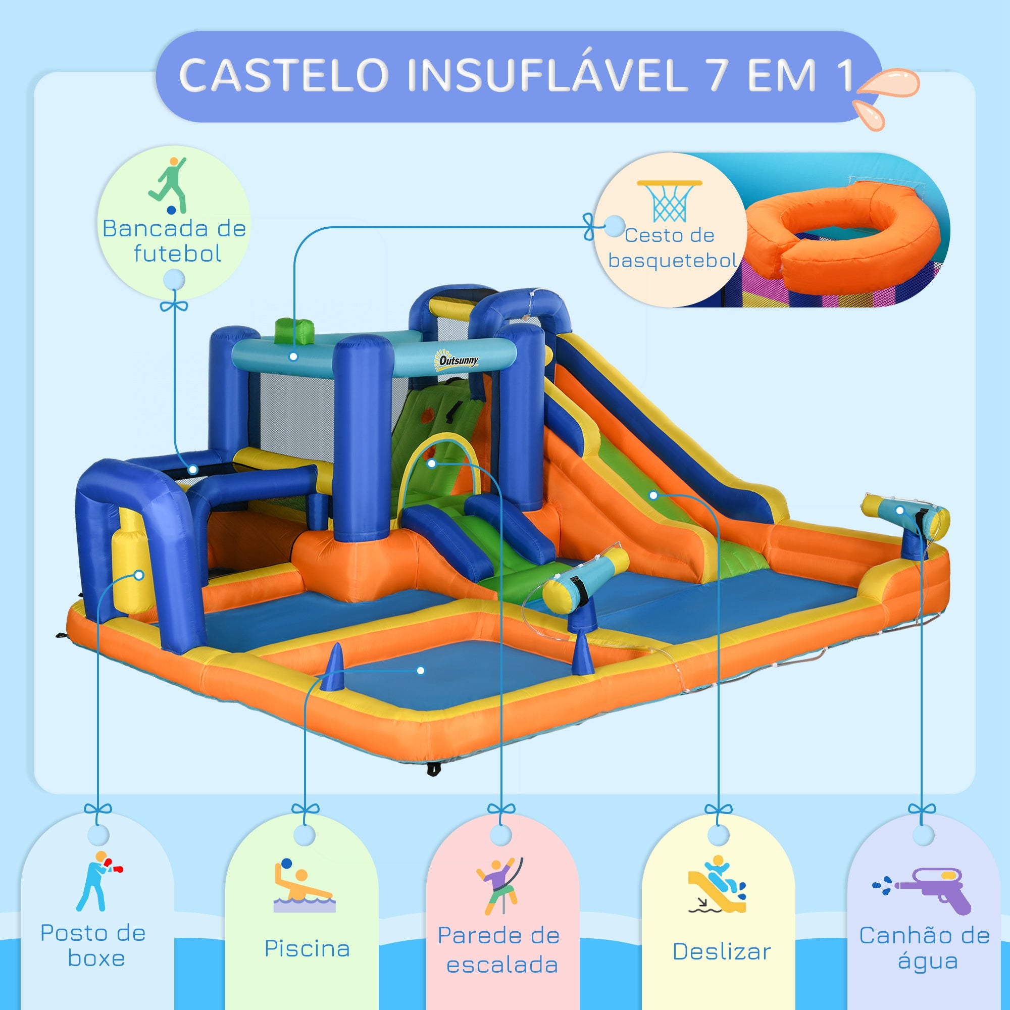 Castelo Insuflável Infantil 7 em 1 Multicolorido 430x420x200 cm