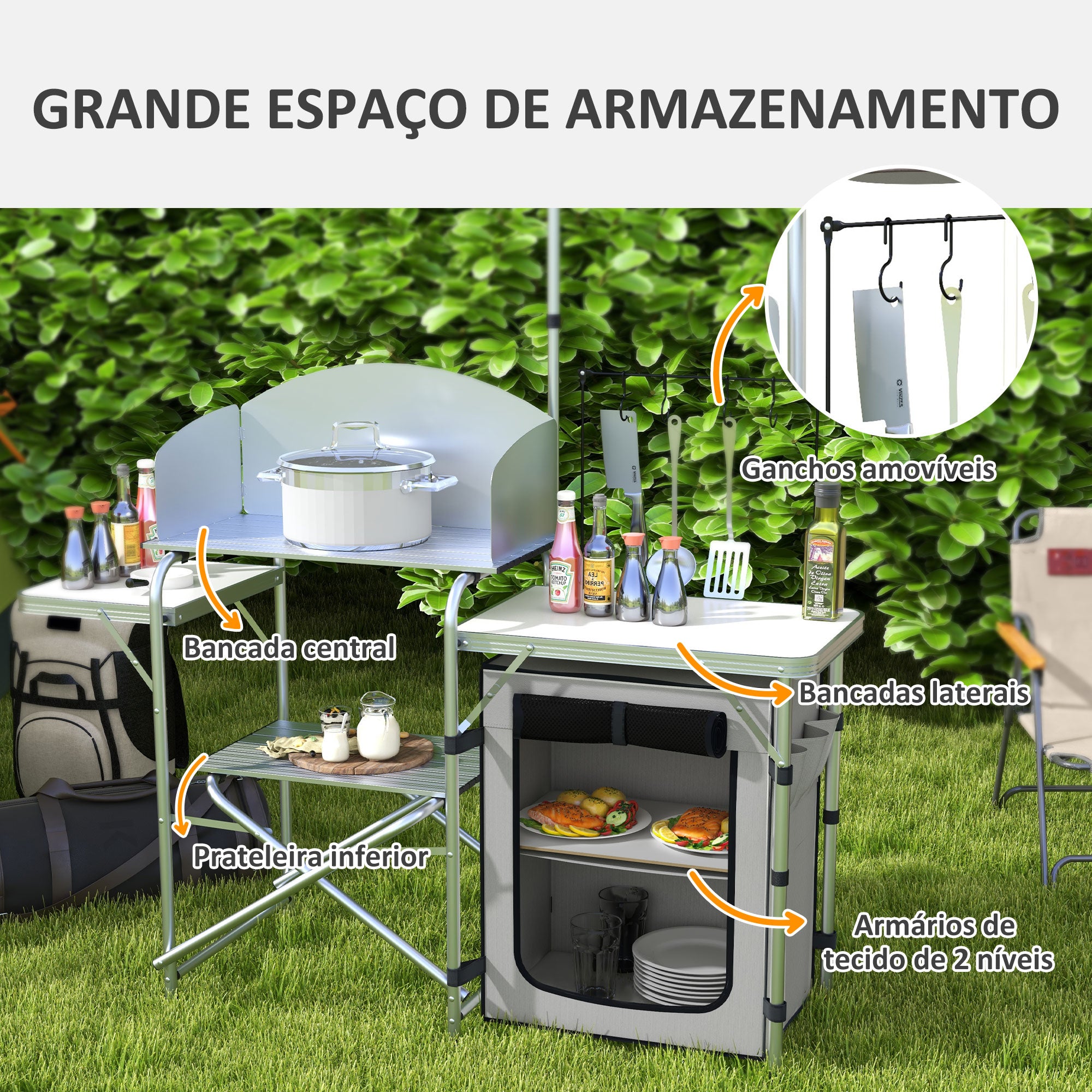 Móvel de Cozinha para Campismo Dobrável 144x48x119 cm Prata