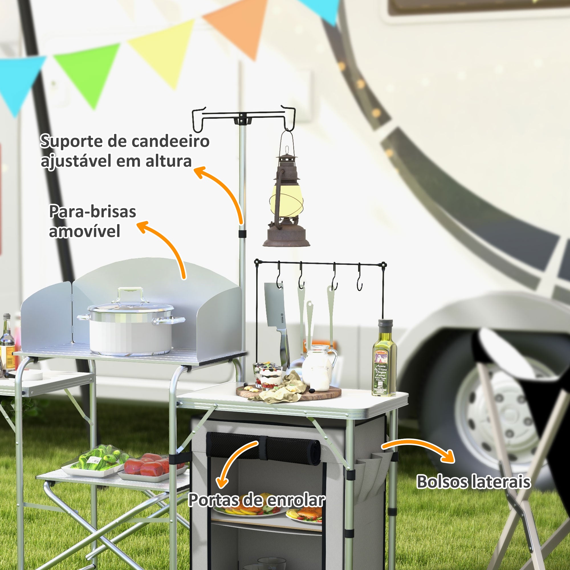 Móvel de Cozinha para Campismo Dobrável 144x48x119 cm Prata