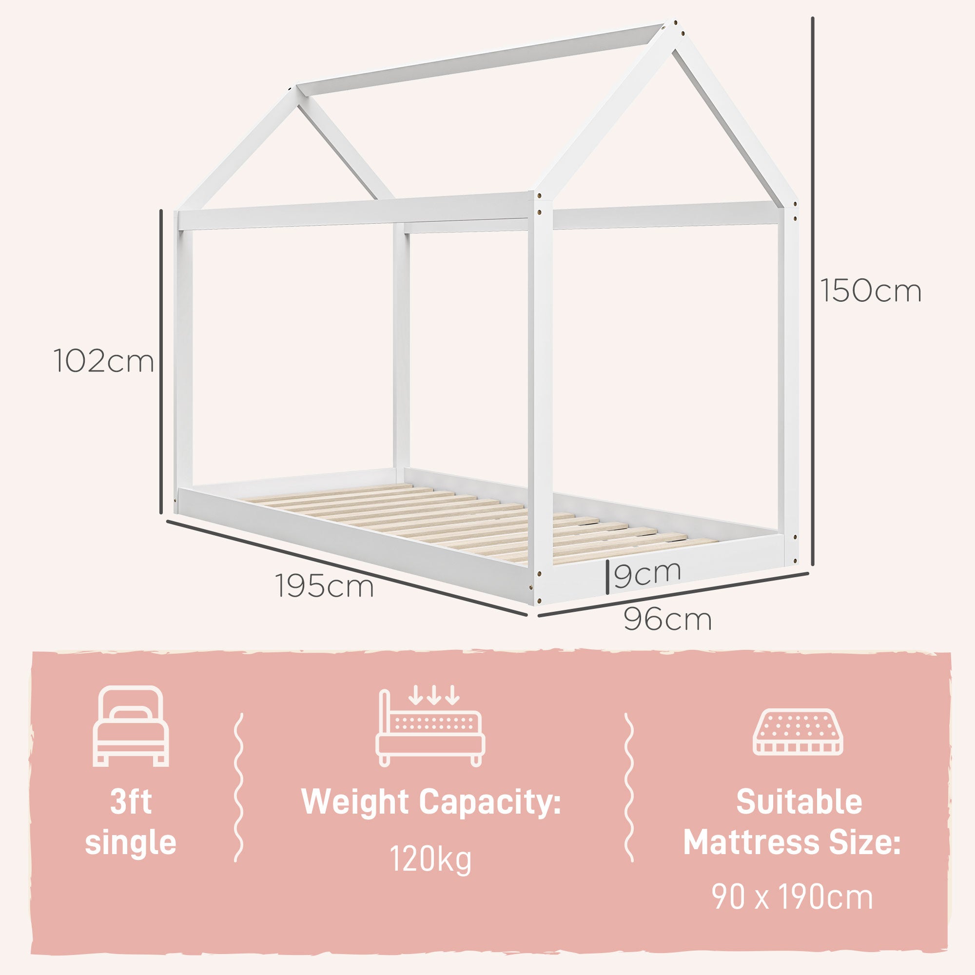 Cama Infantil em Forma de Casa – 96x195x150 cm – Branca – Madeira de Pinho