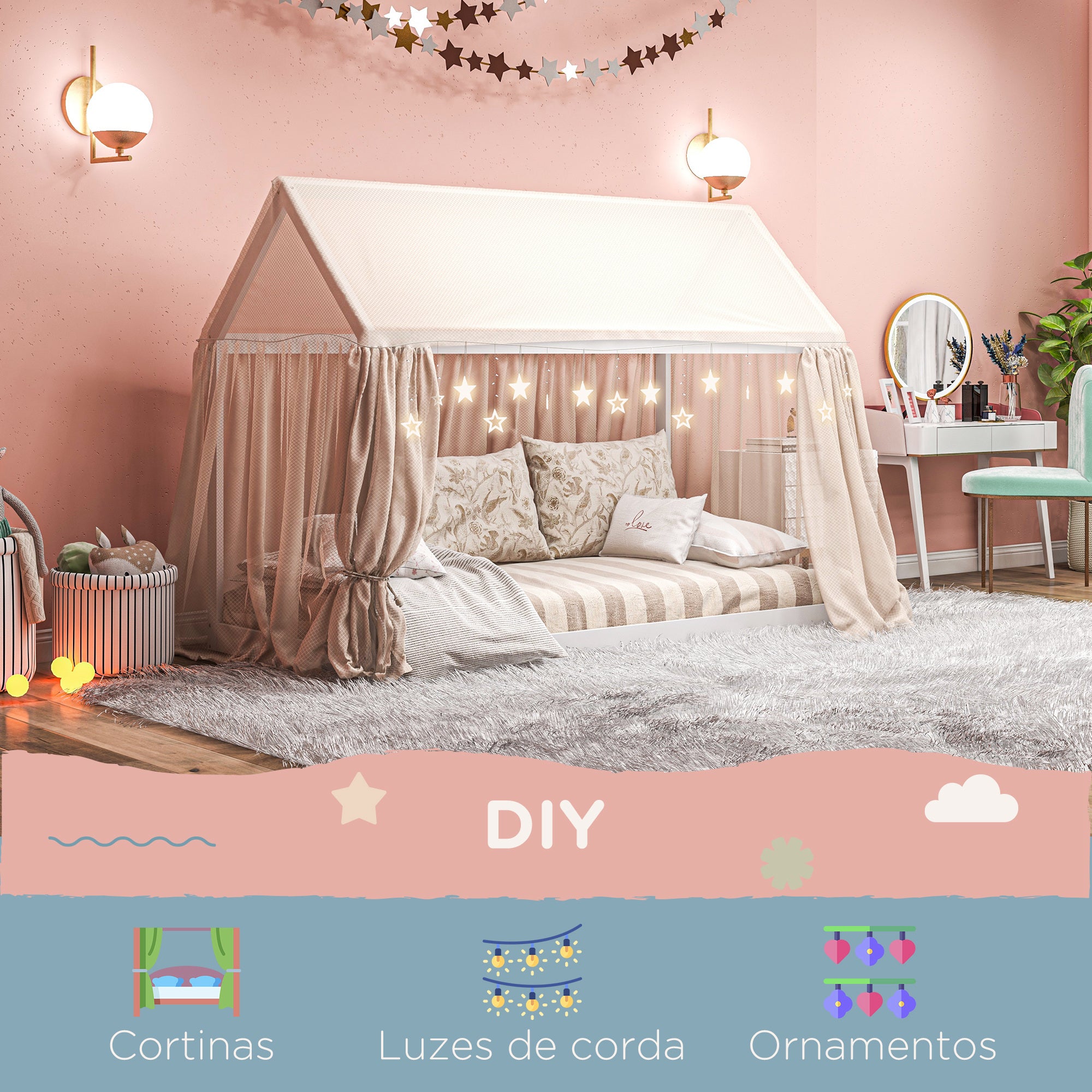 Cama Infantil em Forma de Casa – 96x195x150 cm – Branca – Madeira de Pinho