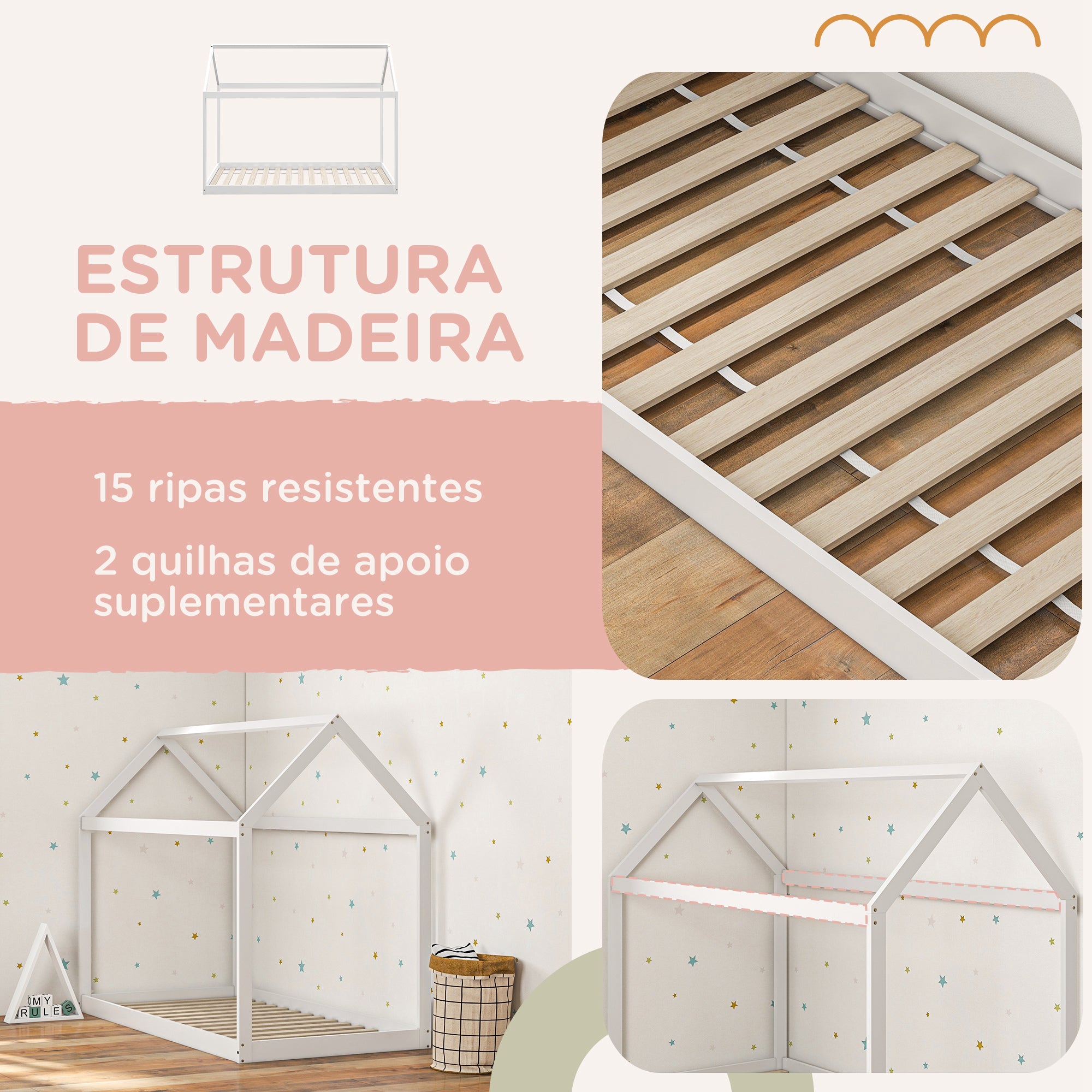 Cama Infantil em Forma de Casa – 96x195x150 cm – Branca – Madeira de Pinho