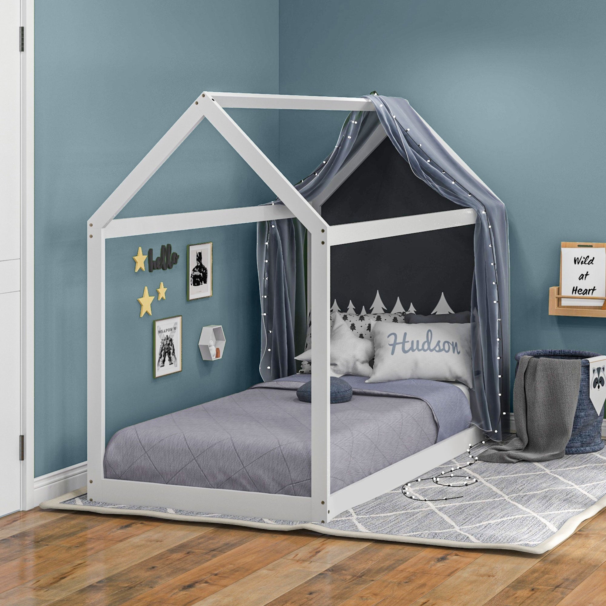Cama Infantil em Forma de Casa – 96x195x150 cm – Branca – Madeira de Pinho