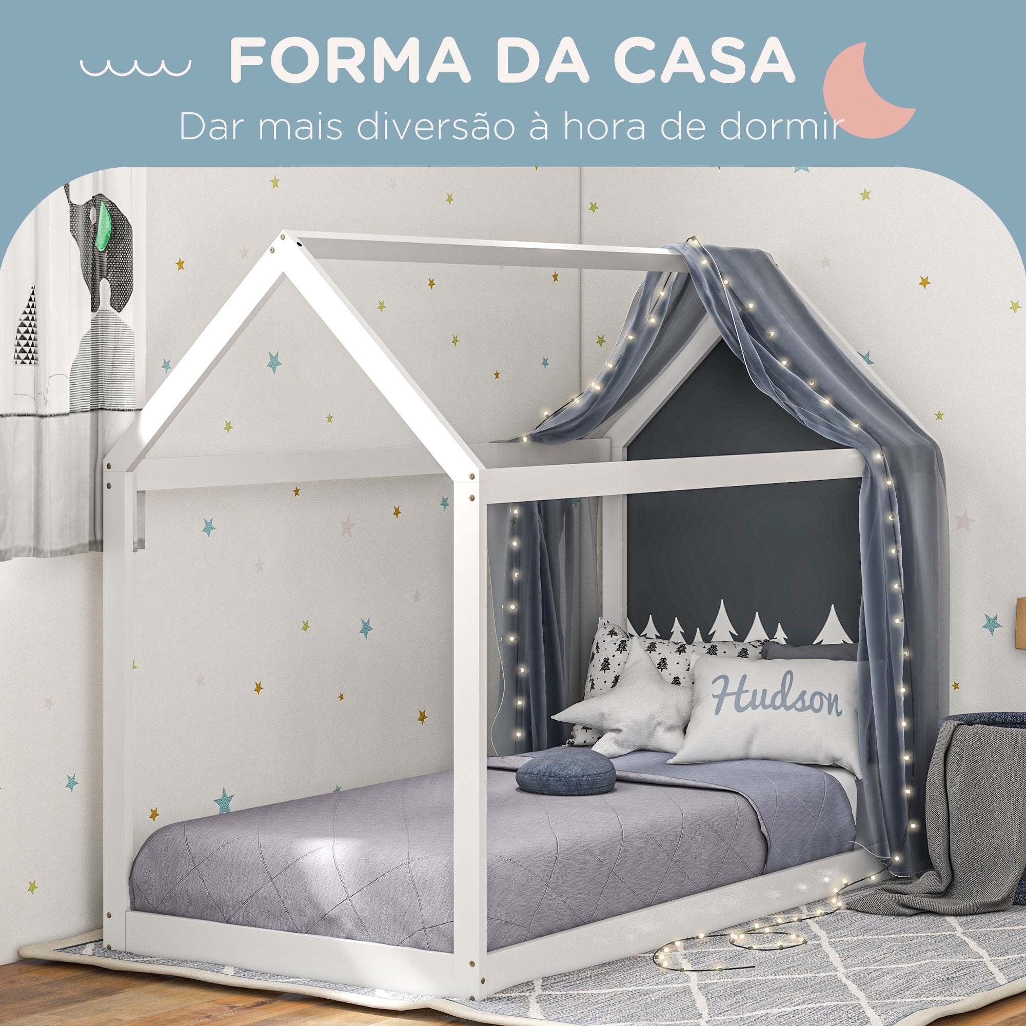 Cama Infantil em Forma de Casa – 96x195x150 cm – Branca – Madeira de Pinho
