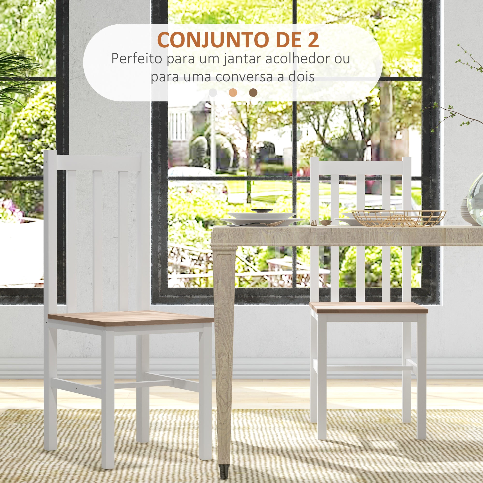Conjunto de 2 Cadeiras de Sala de Jantar Branco 38,5x47,5x99 cm - Encosto de Ripas Estrutura de Madeira
