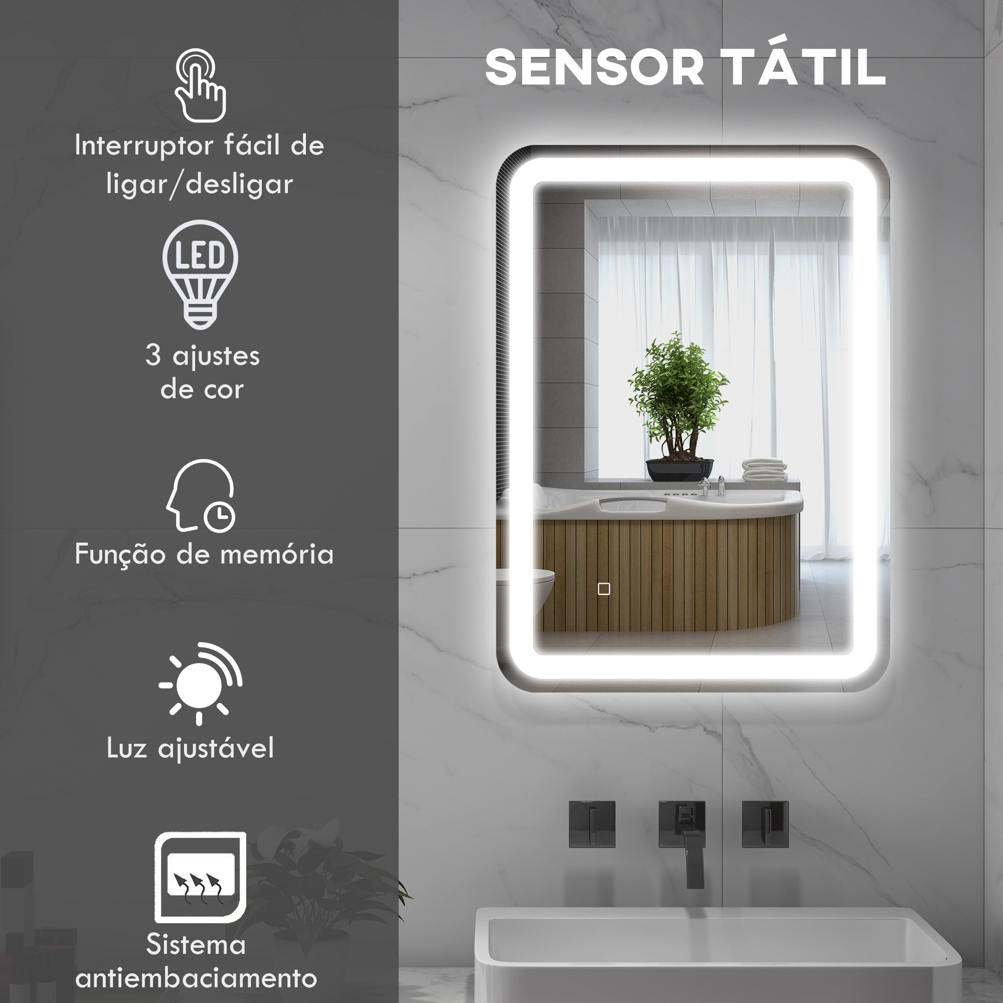 Espelho de Casa de Banho LED – 50x70 cm – Prata – Vidro temperado