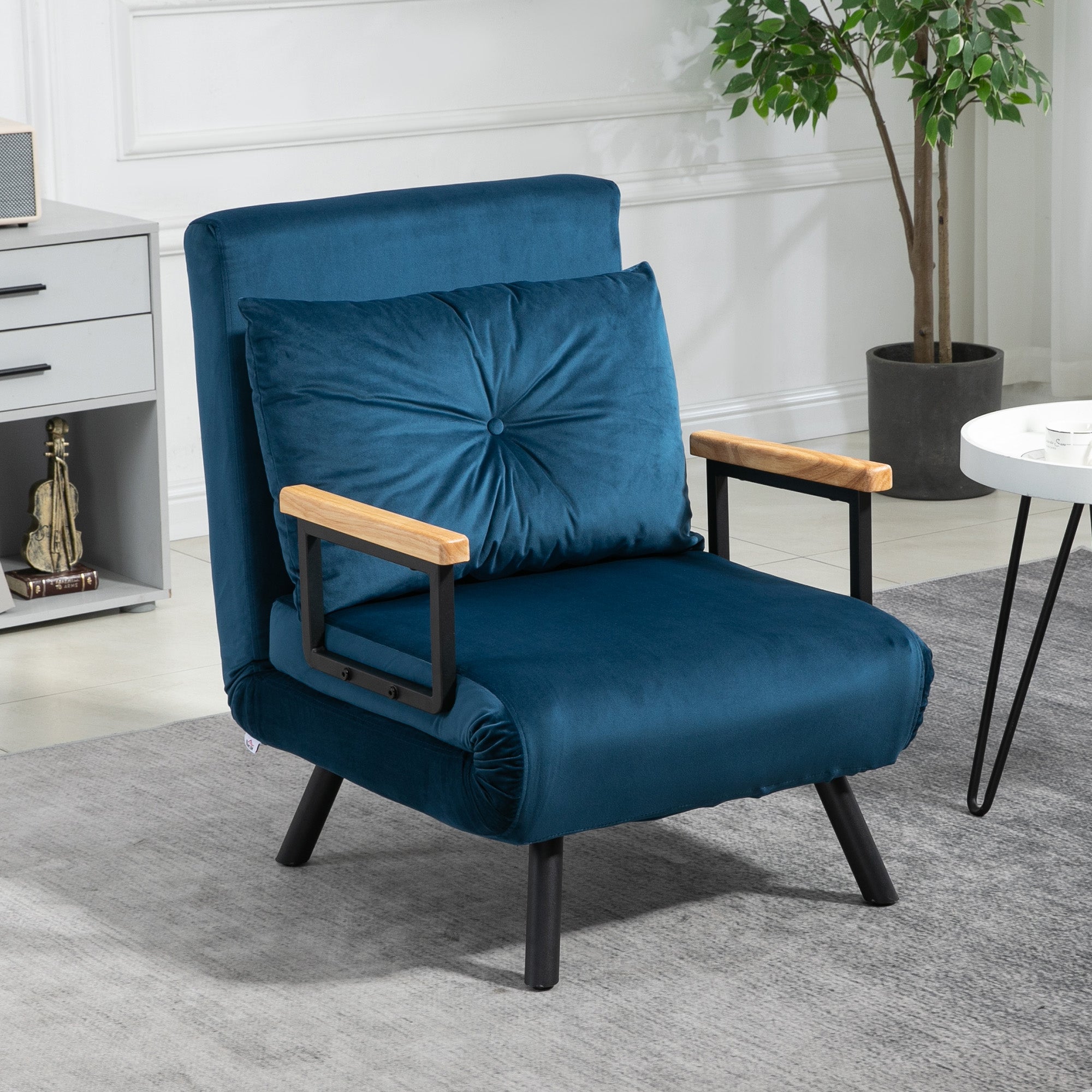 Poltrona Convertível em Cama Dobrável – 63x73x81 cm – Azul Marrinho – Aço, Espuma, Veludo e Madeira de Borracha