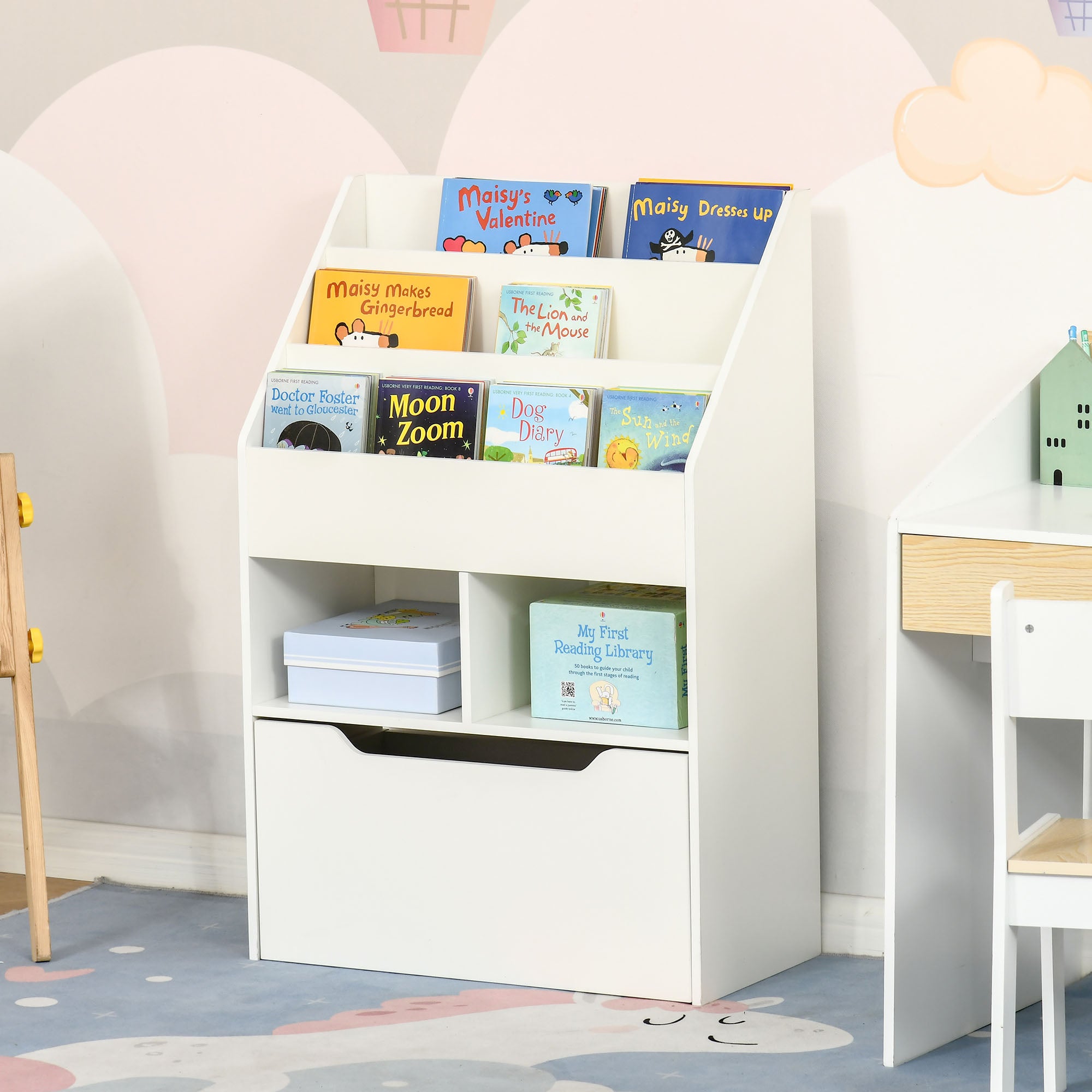 Estante de Madeira para Brinquedos com Gaveta Móvel – 60x29,9x90 cm – Branco – MDF e madeira melamina