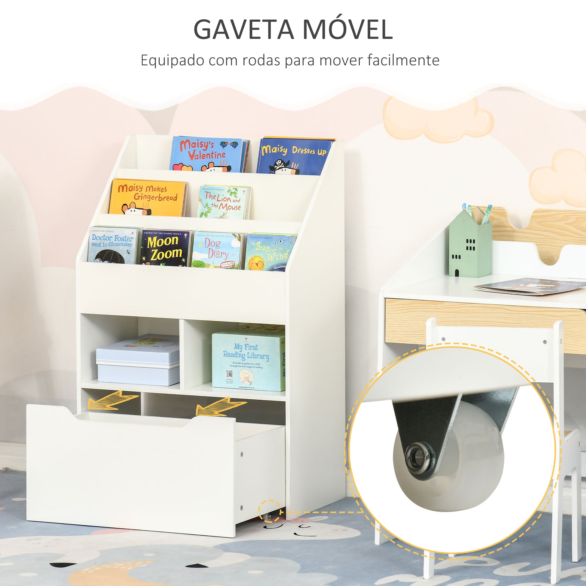 Estante de Madeira para Brinquedos com Gaveta Móvel – 60x29,9x90 cm – Branco – MDF e madeira melamina