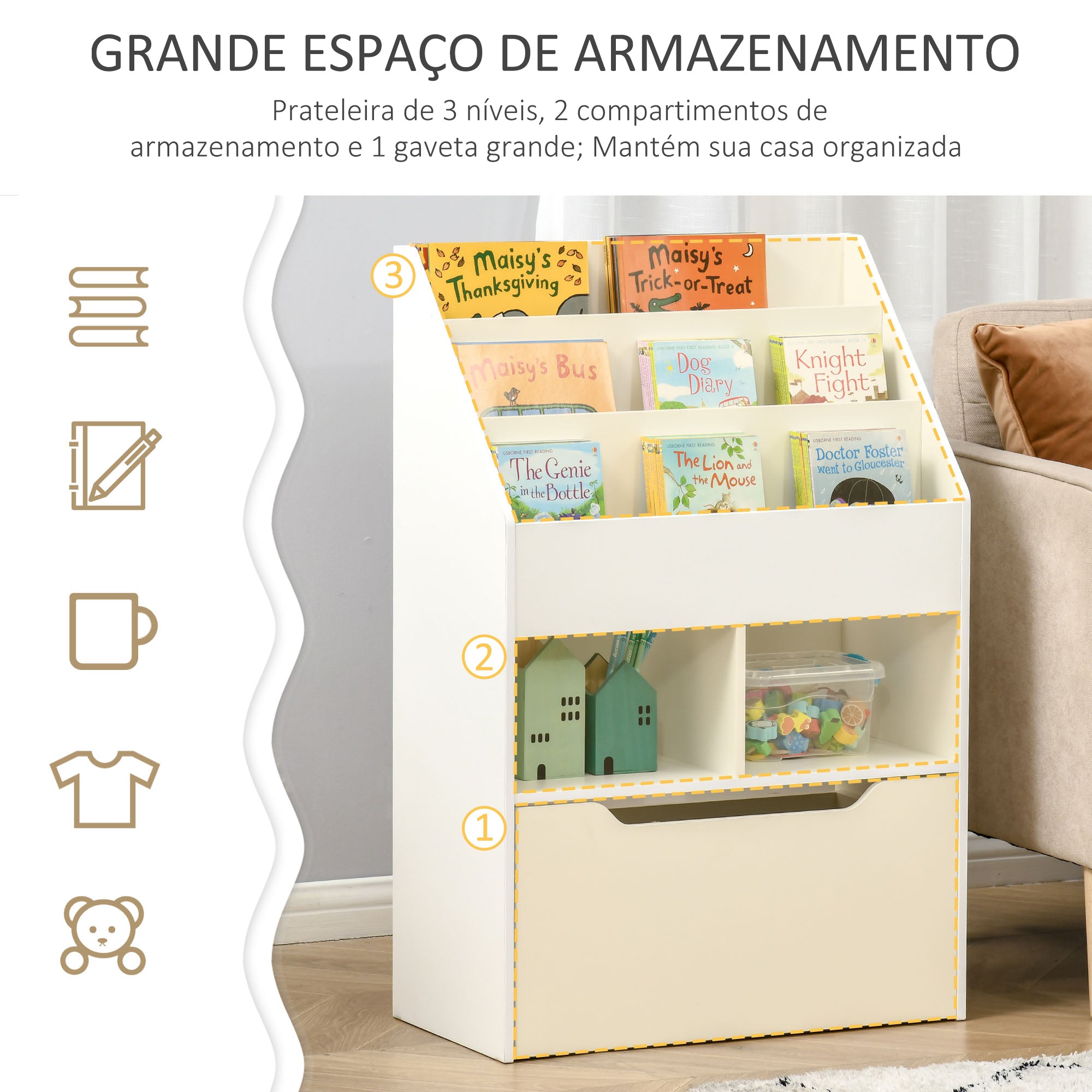 Estante de Madeira para Brinquedos com Gaveta Móvel – 60x29,9x90 cm – Branco – MDF e madeira melamina