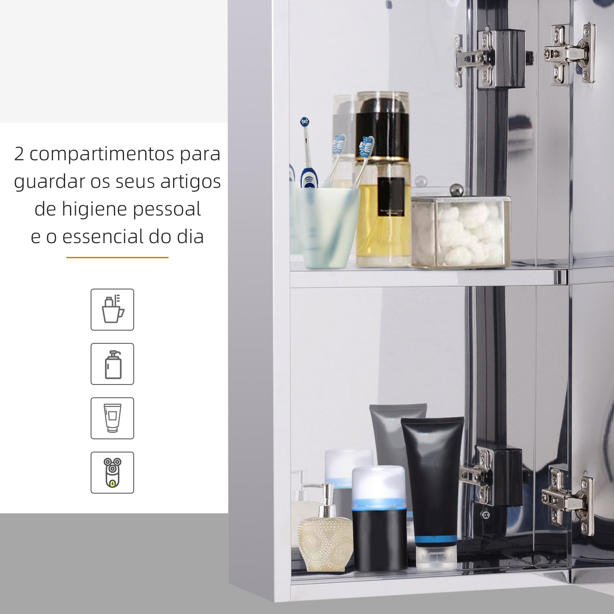 Armário de Casa de Banho Prata – 30x14x55cm – Aço Inoxidável e Vidro