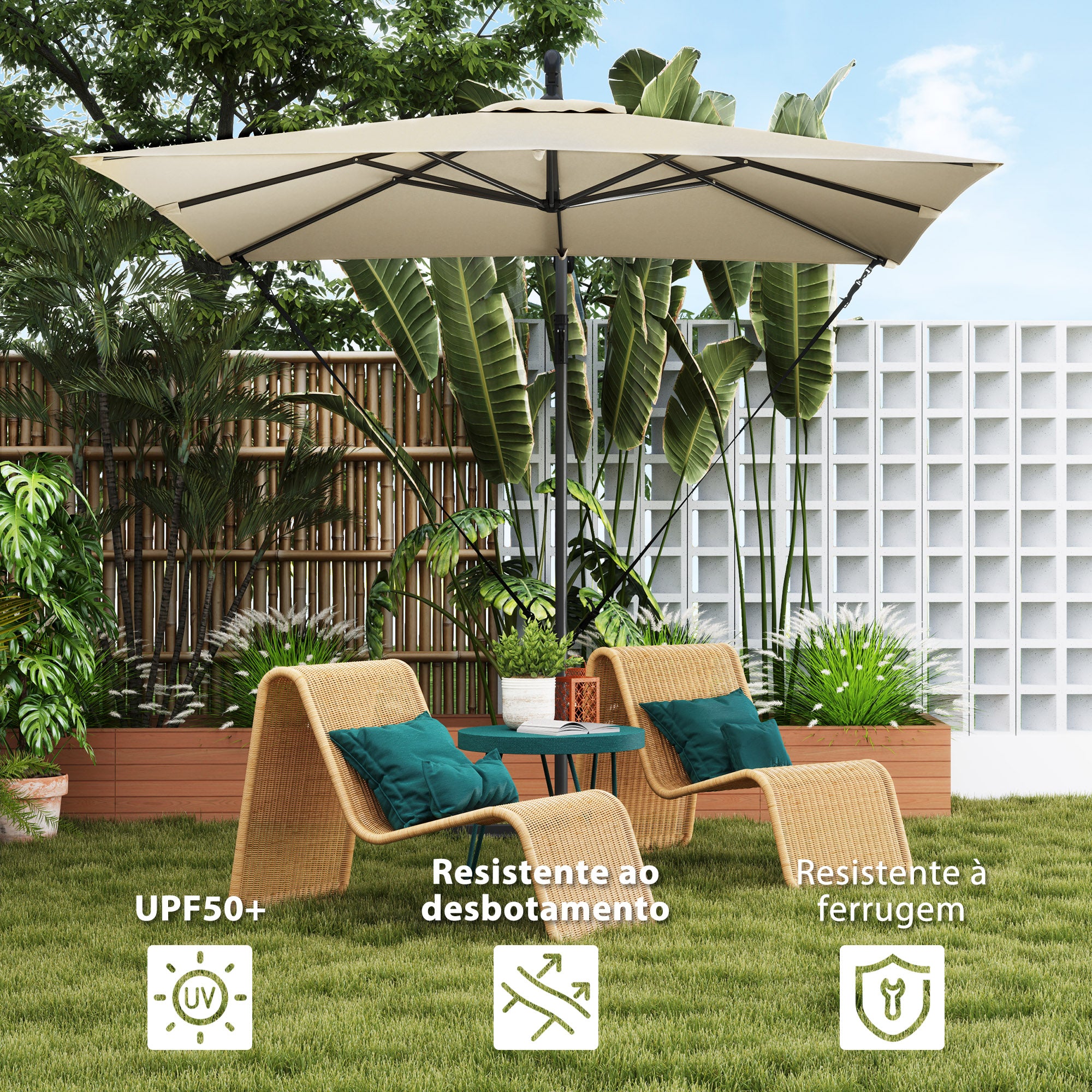 Chapéu de Sol Jardim Cáqui 247x247 cm - Proteção UV 50+