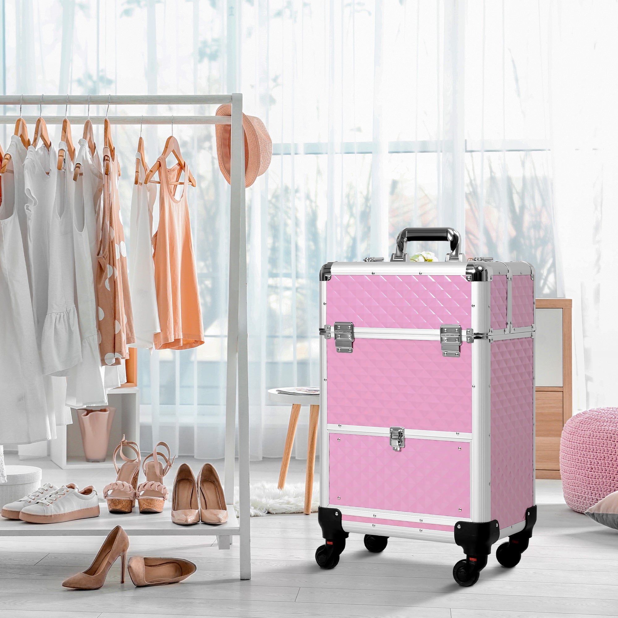 Mala de Maquilhagem Profissional – 34x25x62 cm – Rosa – Liga de alumínio, ABS e feltro